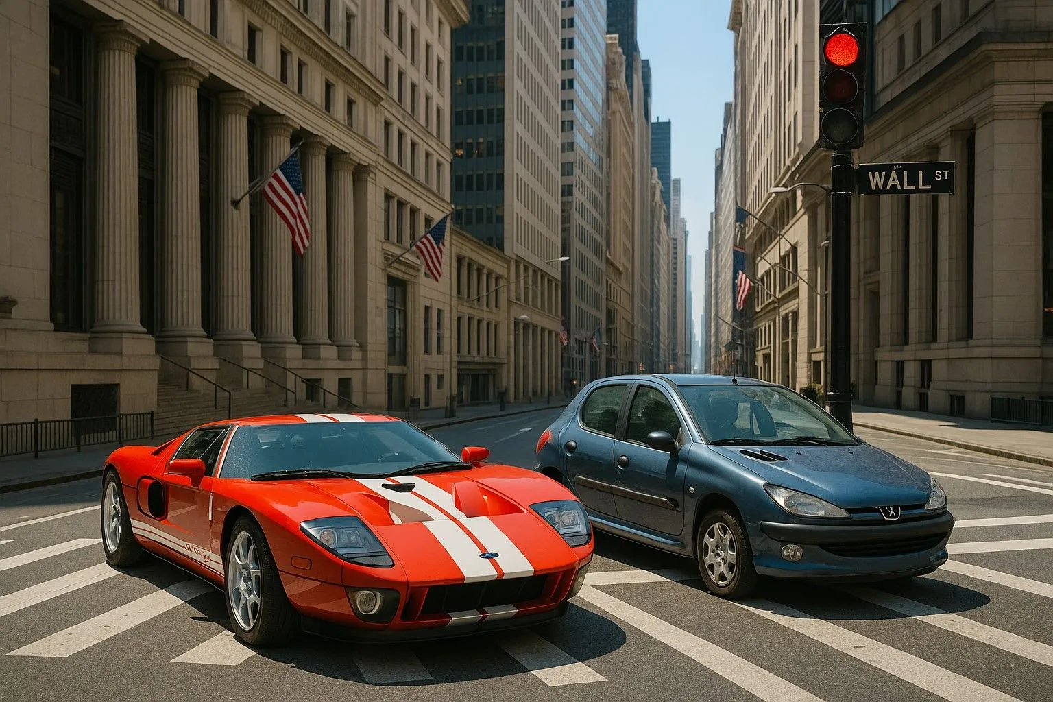 Ford GT và Peugeot 206 đứng cạnh nhau tại đèn giao thông, minh họa khả năng tạo ảnh chân thực của ChatGPT DALL-E