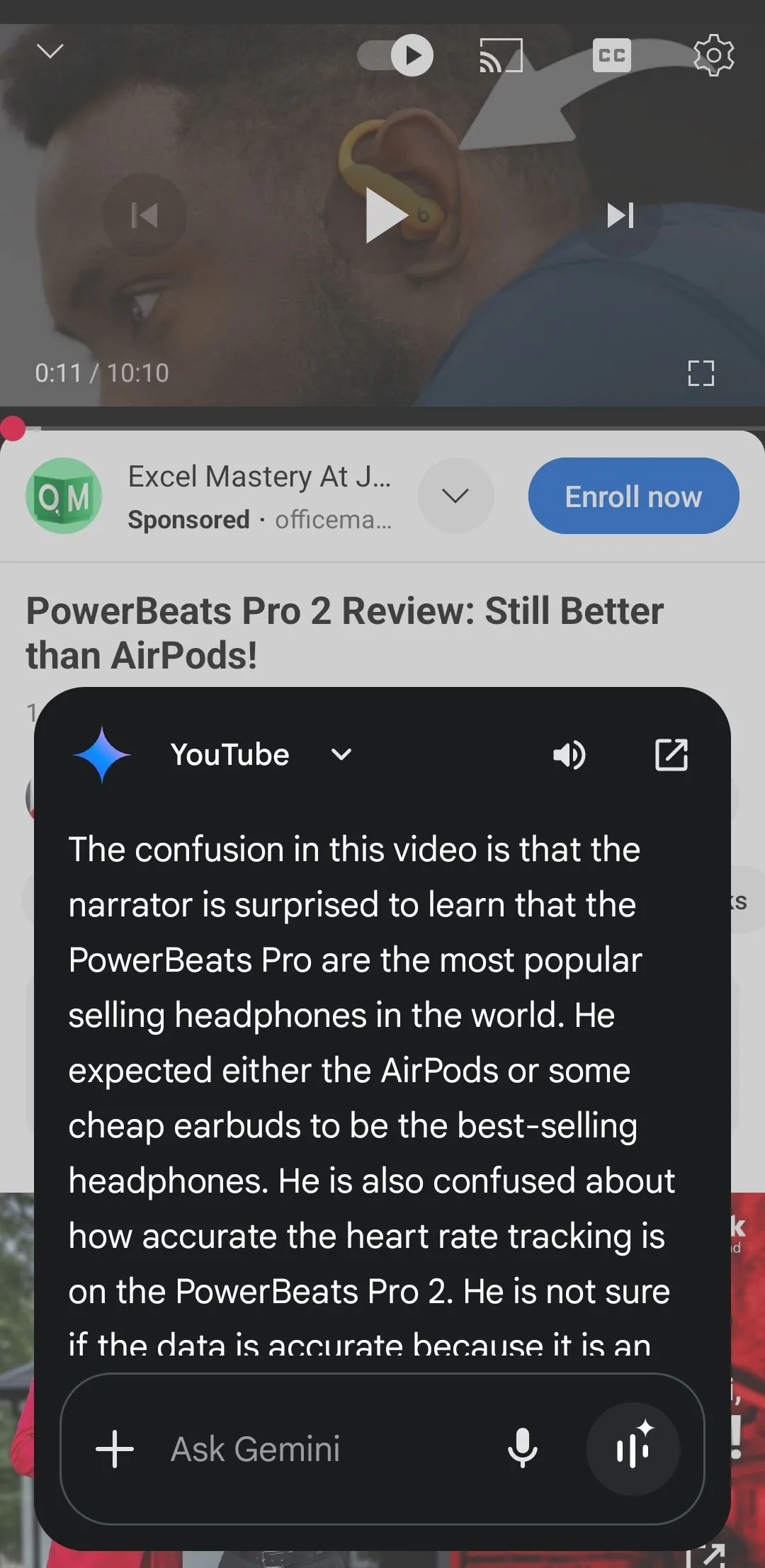 Gemini hiển thị bản tóm tắt nội dung video YouTube về tai nghe PowerBeats Pro 2, minh họa tính năng tóm tắt video.