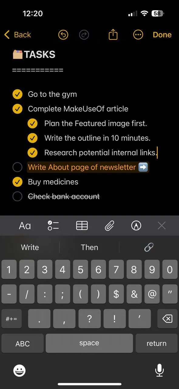 Ghi chú hàng ngày trong Apple Notes minh họa cấu trúc Bullet Journal với các mục Tasks, Events, Notes và Daily Highlight, thể hiện cách ghi lại công việc.