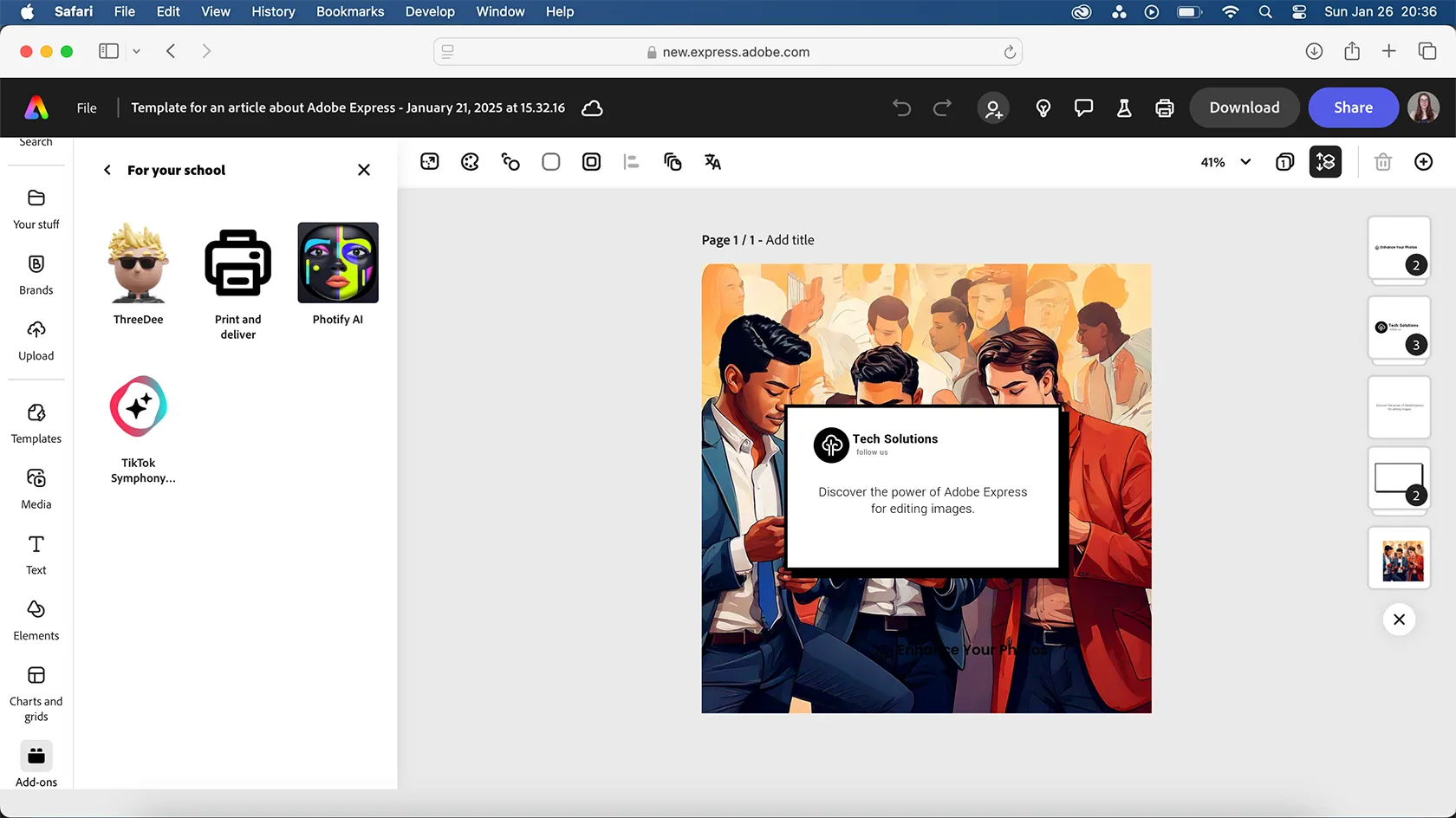Giao diện Adobe Express hiển thị danh sách Add-ons bị giới hạn cho người dùng gói Giáo dục