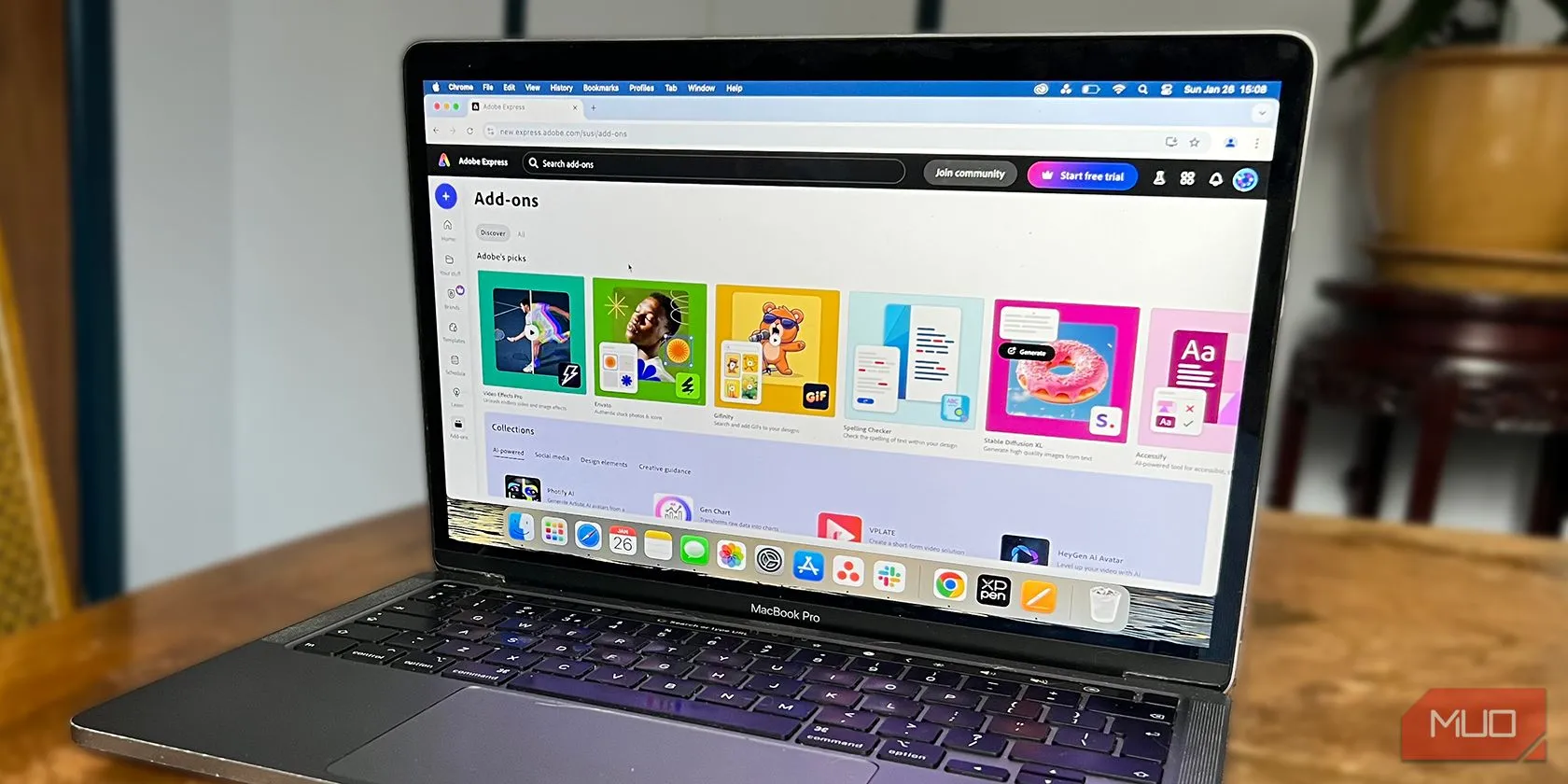 Giao diện Adobe Express trên MacBook với menu Add-Ons nổi bật ở thanh bên trái