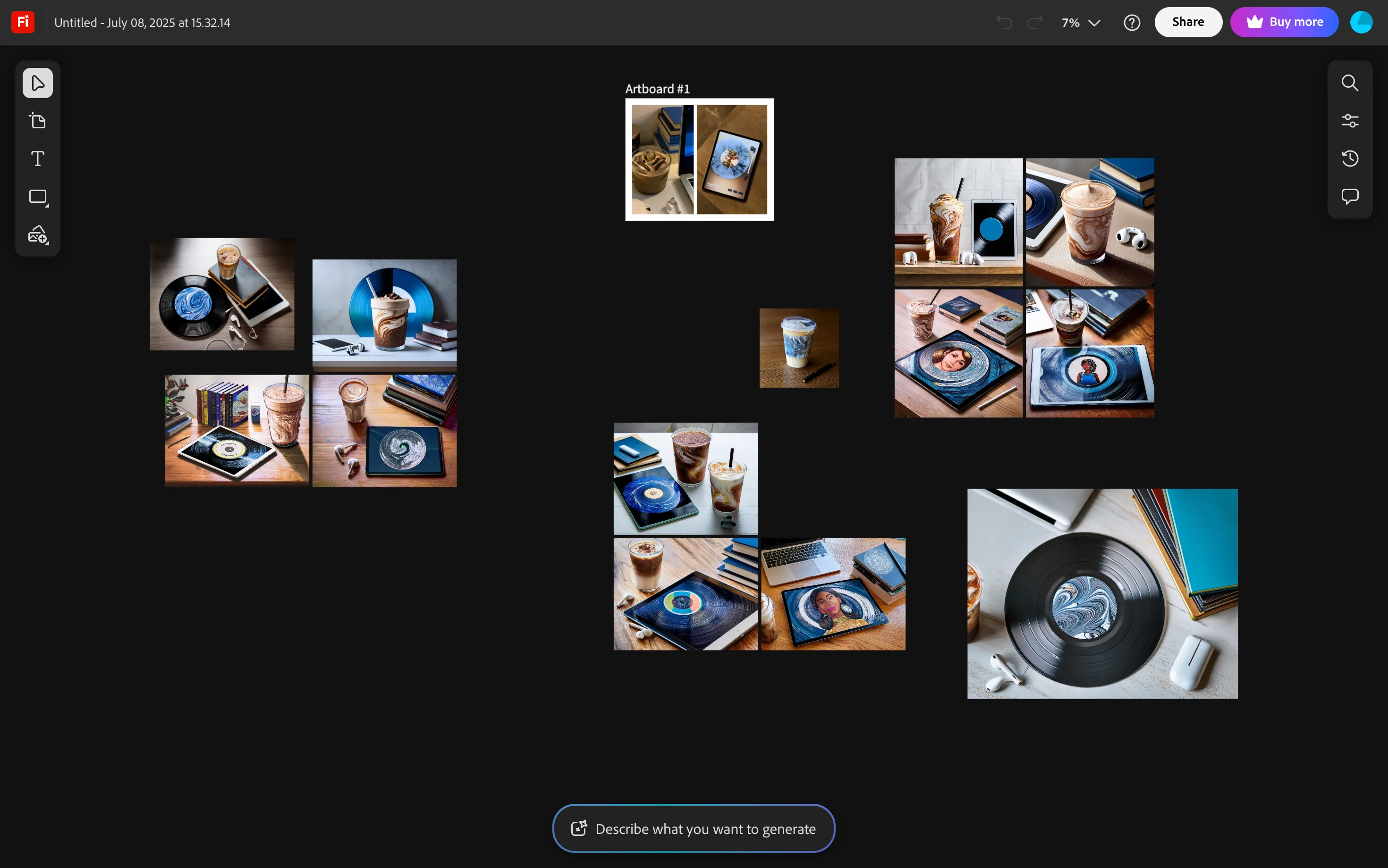 Giao diện Adobe Firefly Boards trên trình duyệt web, hiển thị không gian làm việc với các moodboard và hình ảnh.