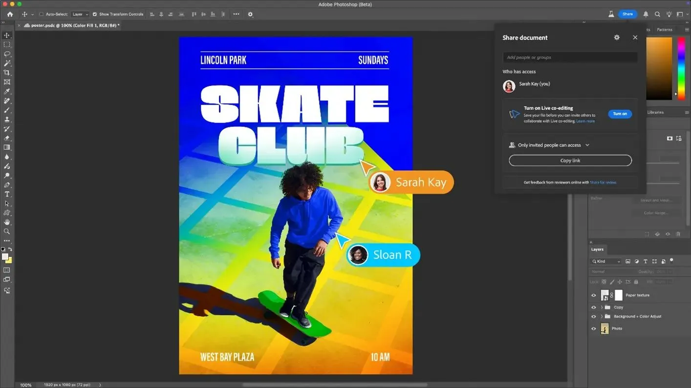 Giao diện Adobe Photoshop với biểu tượng cộng tác trực tiếp