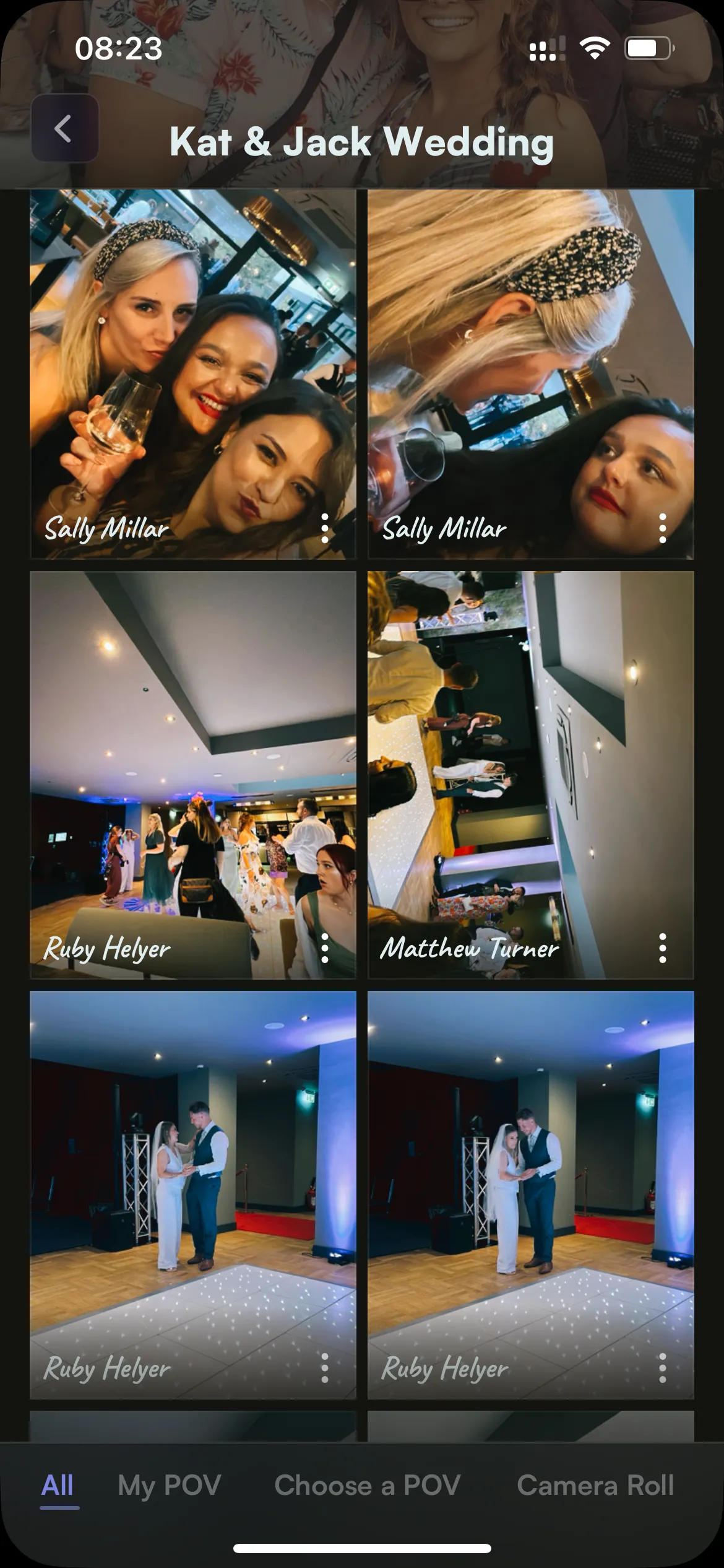 Giao diện album ảnh chung được tạo bởi POV Camera trong một sự kiện cưới, nơi khách mời có thể đóng góp ảnh theo góc nhìn của họ.