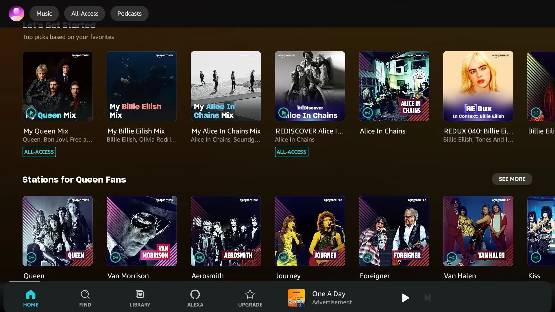 Giao diện Amazon Music Prime hiển thị các danh sách phát All-Access và cộng đồng, cho thấy kho nhạc đa dạng.
