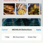 Giao diện Apple Maps với các tùy chọn lọc nhà hàng theo Michelin Distinctions, bao gồm số sao Michelin và Bib Gourmand.