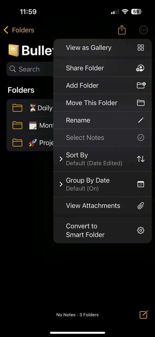 Giao diện Apple Notes hiển thị các ghi chú được tổ chức trong thư mục Bullet Journal, với các tùy chọn sắp xếp và tìm kiếm nội dung.
