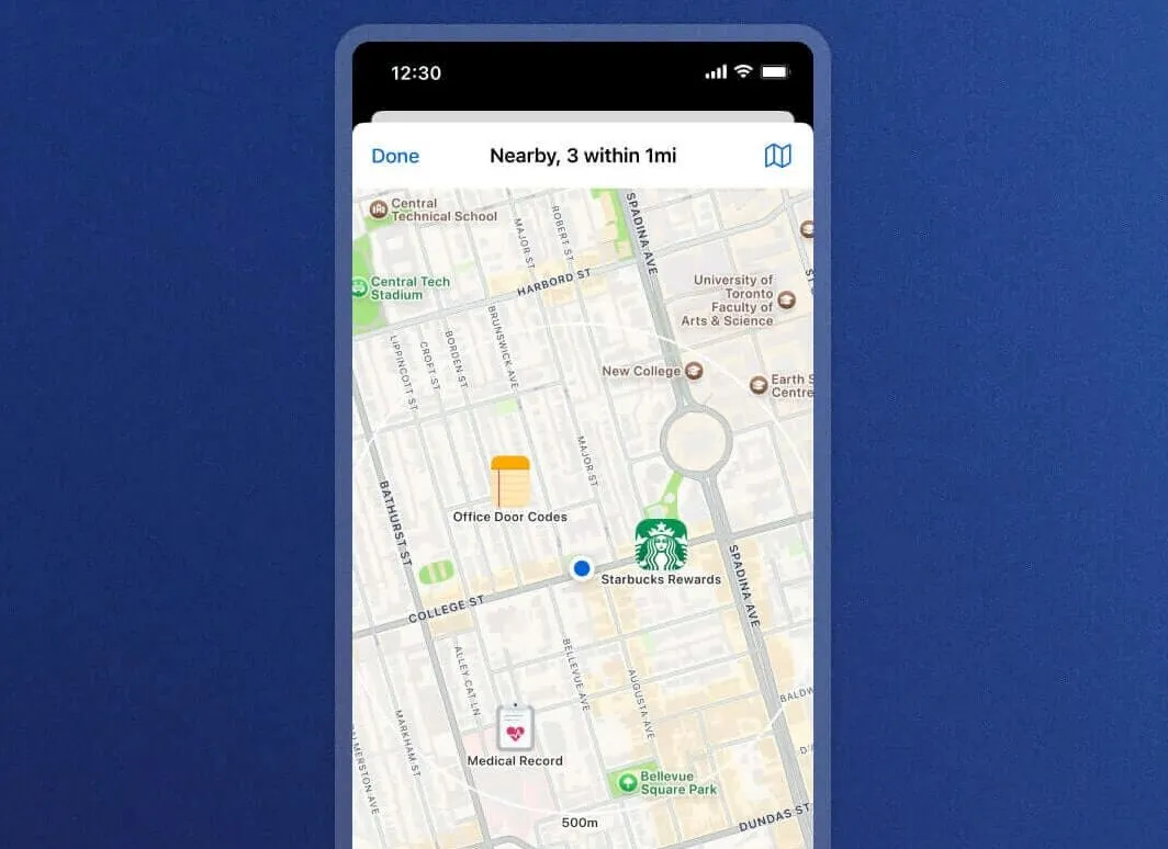 Giao diện bản đồ trong ứng dụng 1Password hiển thị các mục được liên kết với địa điểm cụ thể để dễ dàng truy cập.
