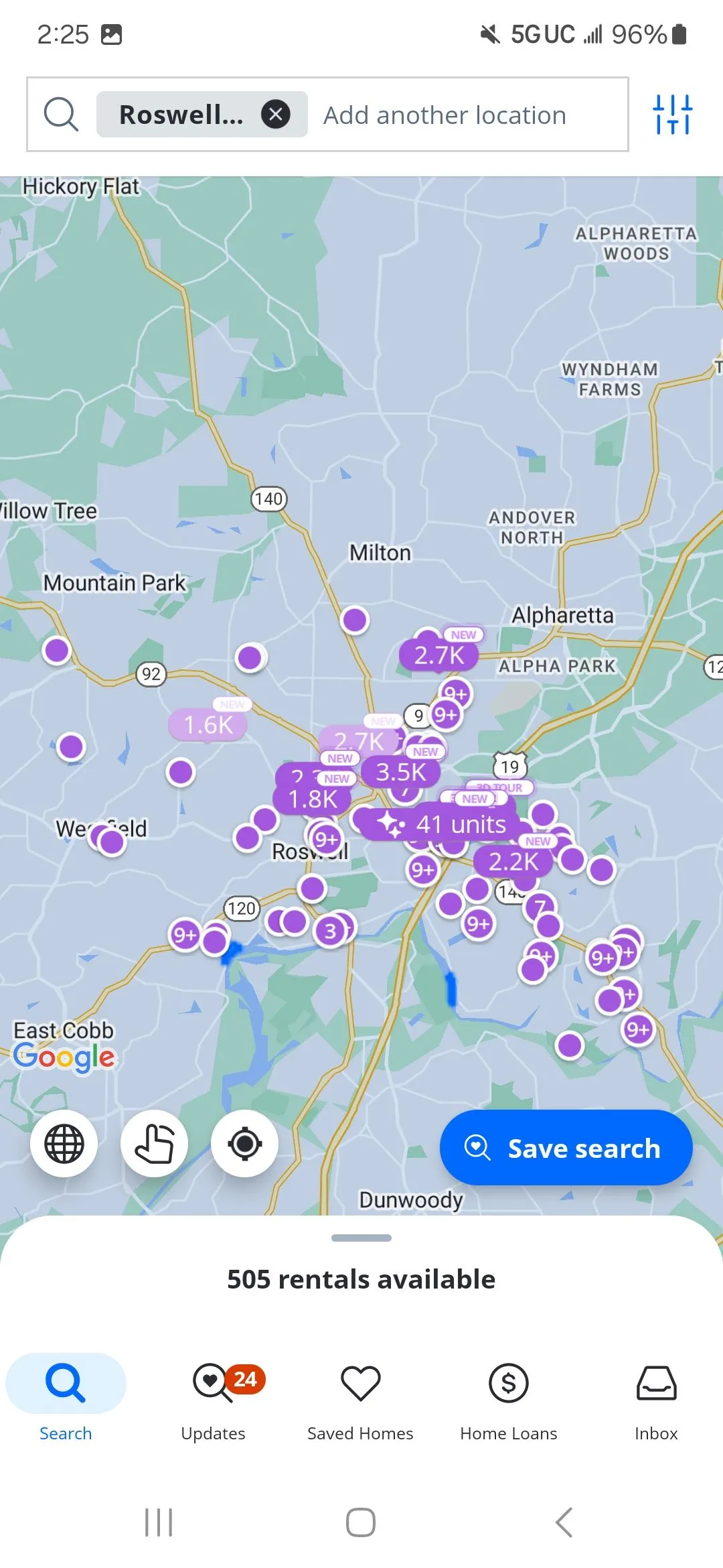 Giao diện bản đồ ứng dụng Zillow hiển thị các căn hộ cho thuê và thông tin giá cả tại khu vực tìm kiếm