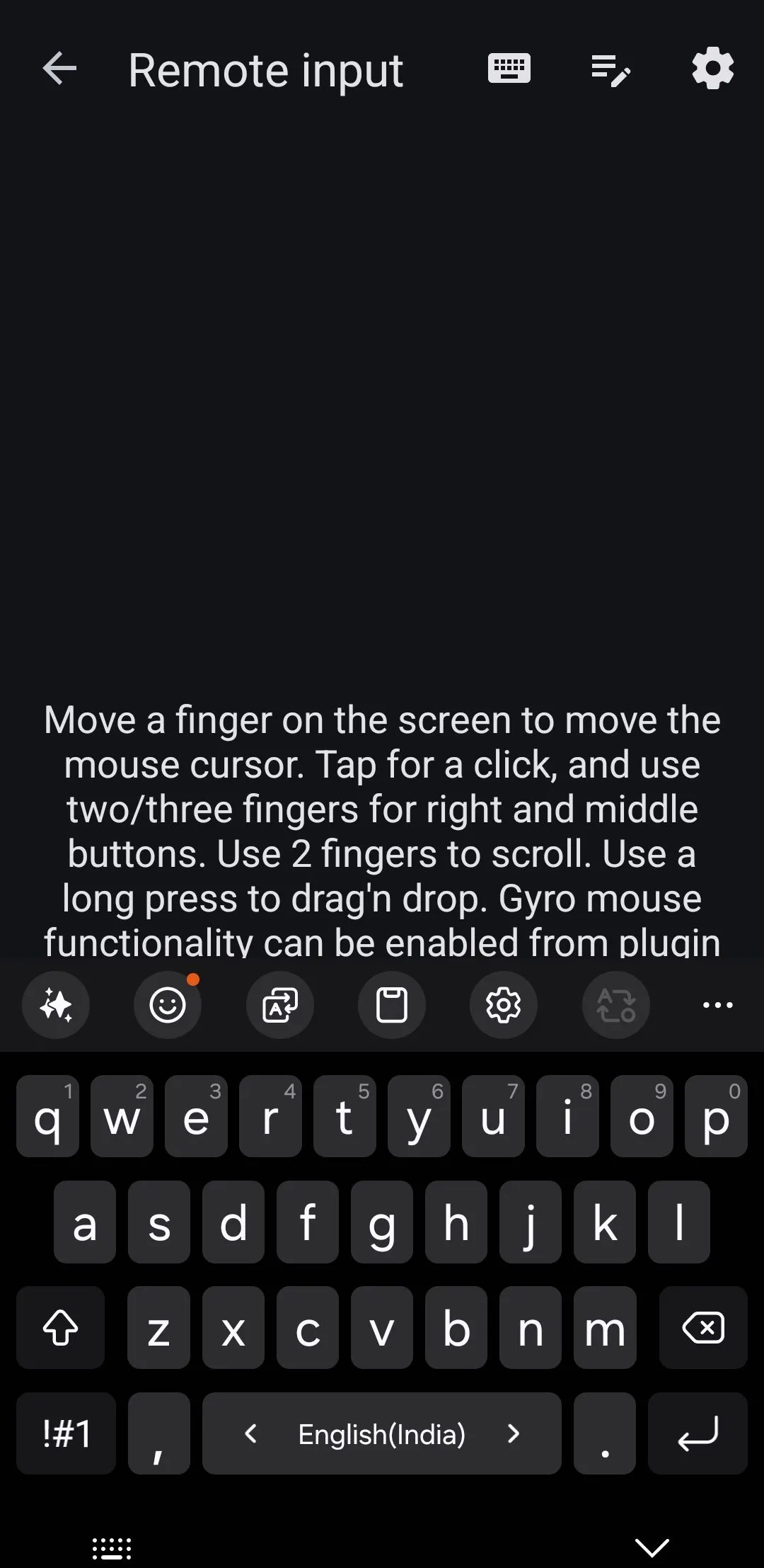 Giao diện bàn phím ảo trên điện thoại Android trong ứng dụng KDE Connect, phục vụ tính năng điều khiển từ xa