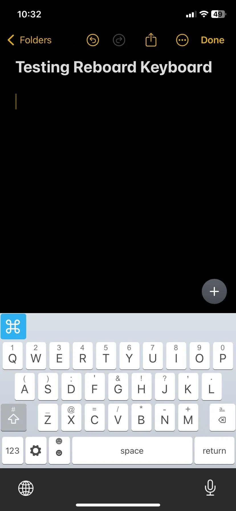 Giao diện bàn phím ReBoard đang gõ trên ứng dụng Ghi chú của iPhone