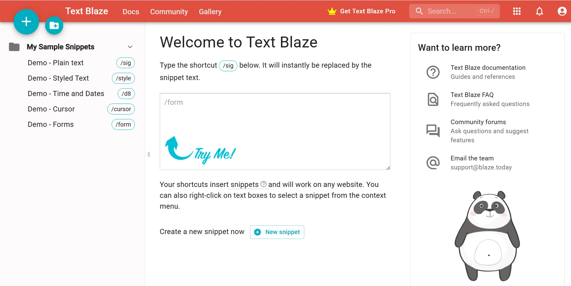 Giao diện bảng điều khiển (Dashboard) của Text Blaze hiển thị danh sách các snippet và tùy chọn tạo mới