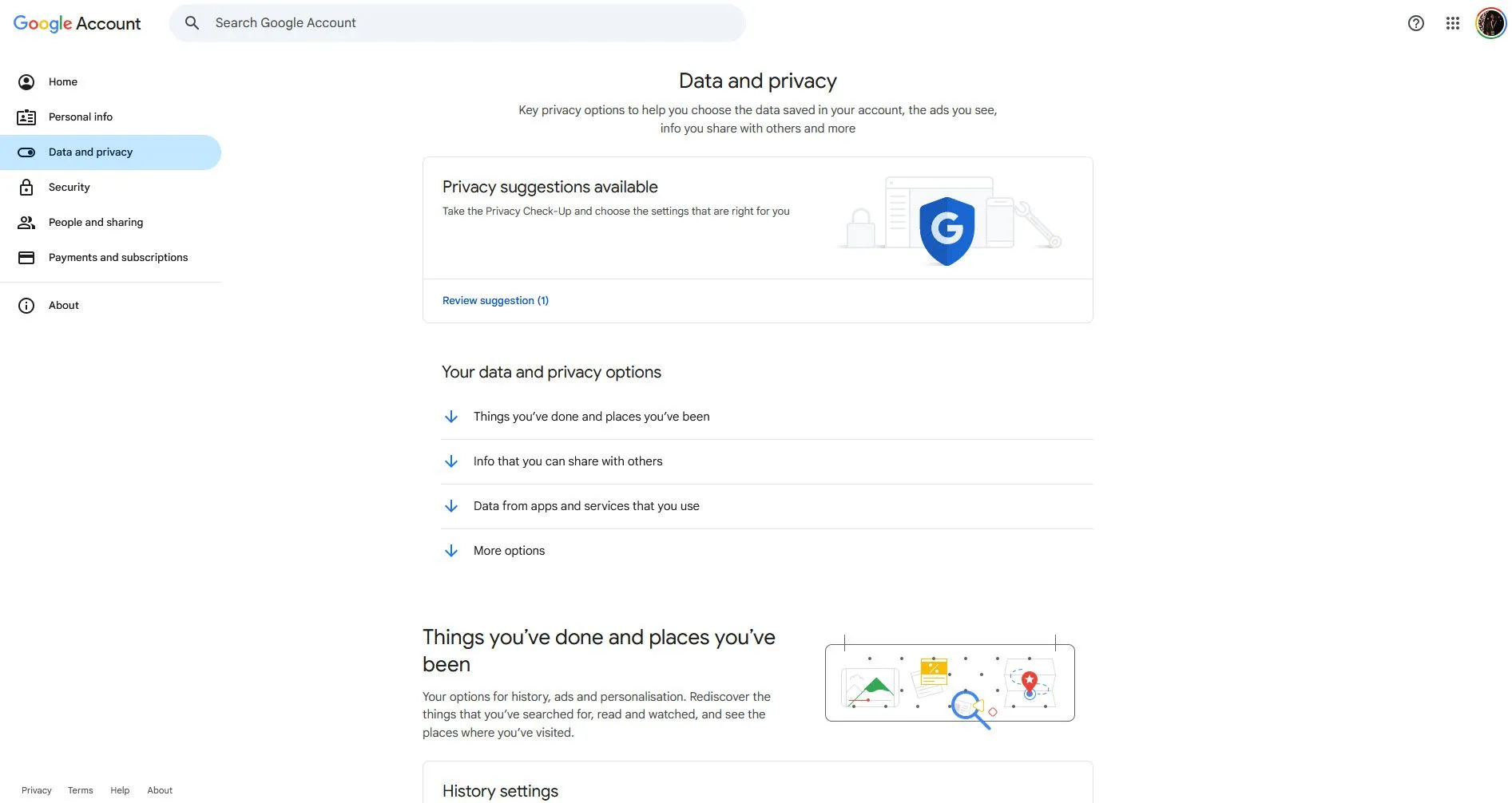 Giao diện Bảng điều khiển Dữ liệu và Quyền riêng tư của Google