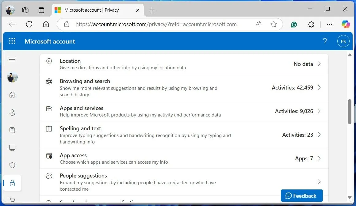 Giao diện bảng điều khiển quyền riêng tư của Microsoft trong trình duyệt web