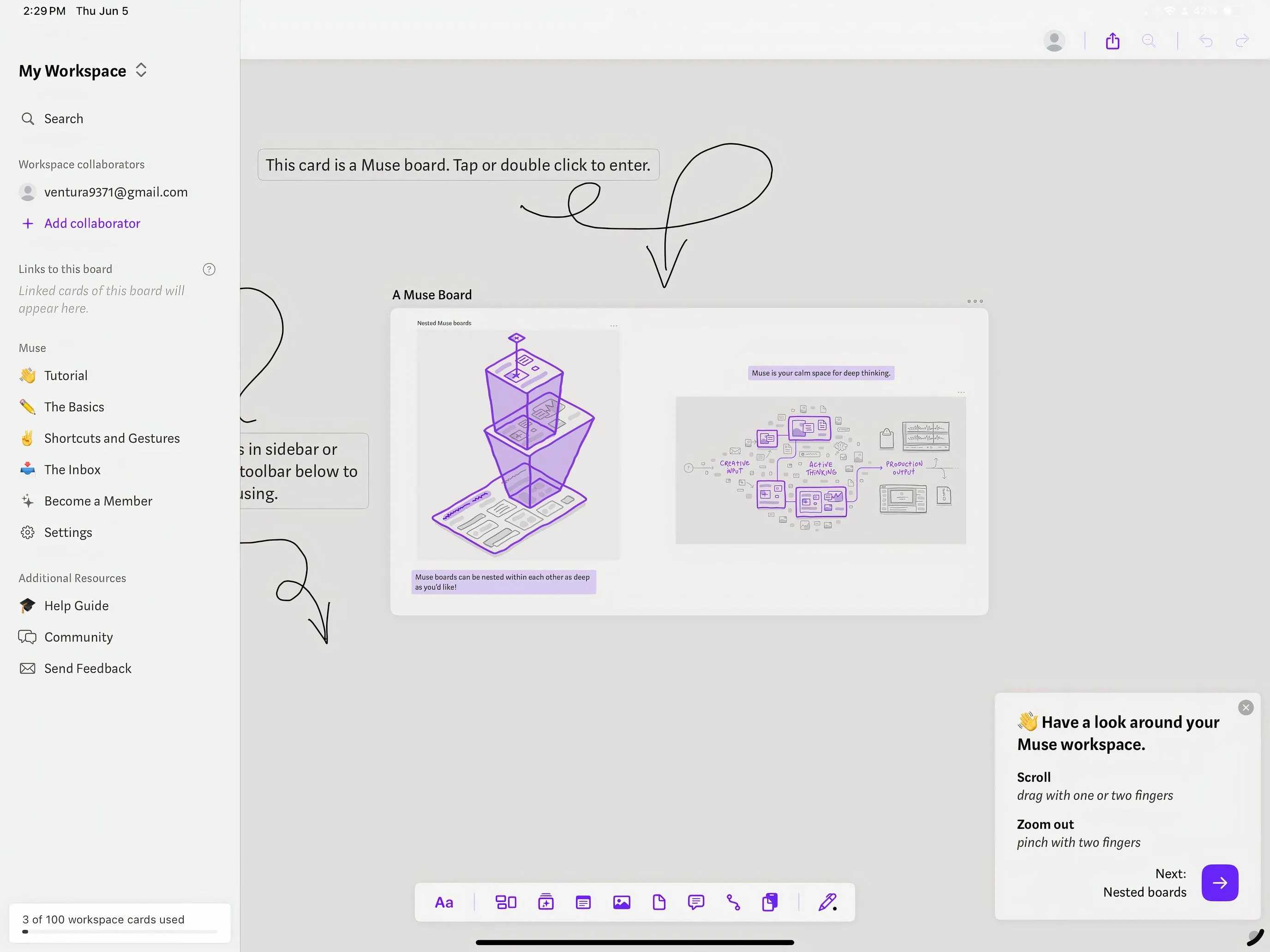 Giao diện bảng trắng kỹ thuật số của ứng dụng Muse trên iPad để sắp xếp ý tưởng