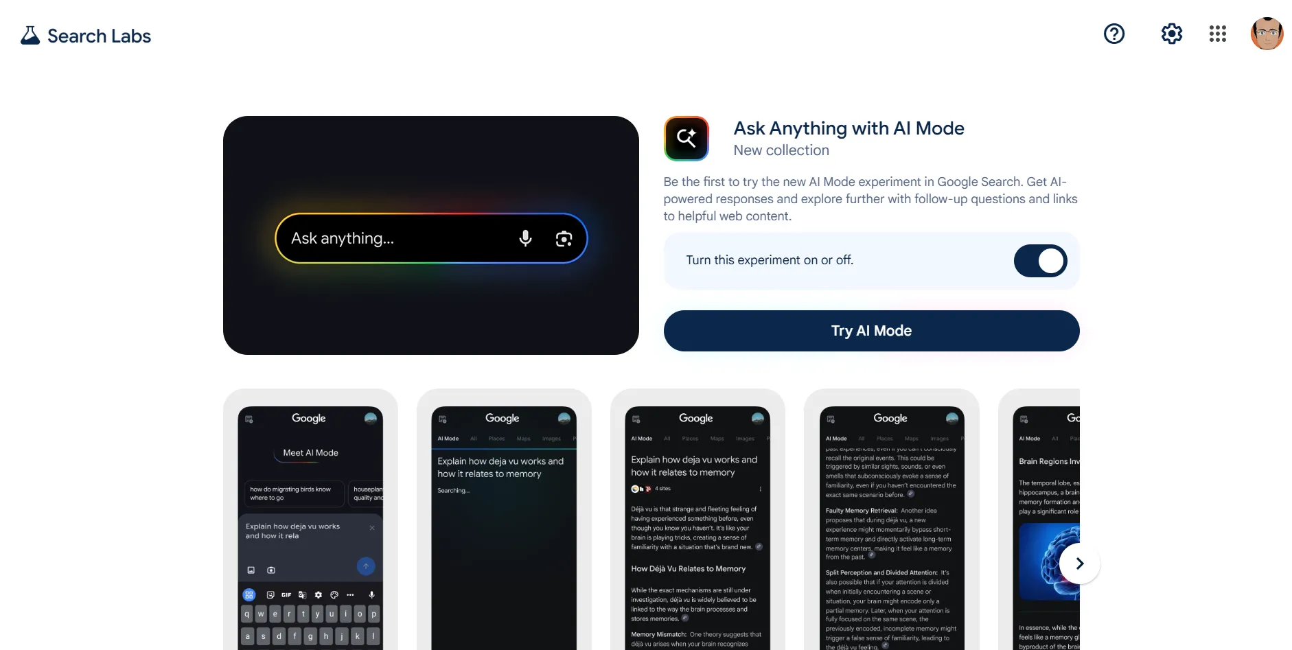 Giao diện bật tắt tính năng AI Mode trong Google Search Labs