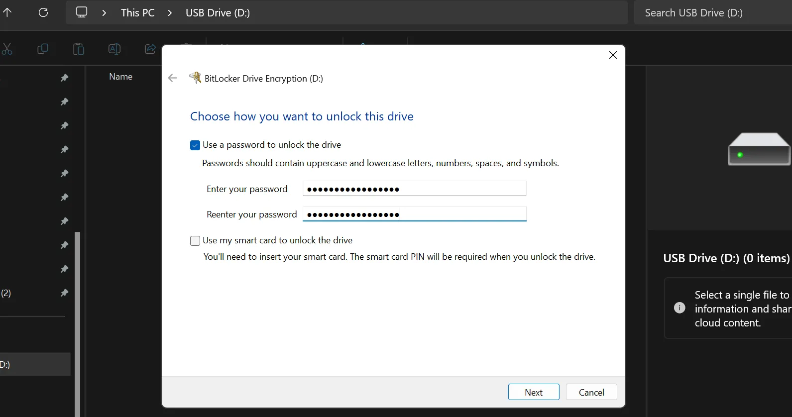 Giao diện BitLocker yêu cầu mật khẩu để bảo vệ USB