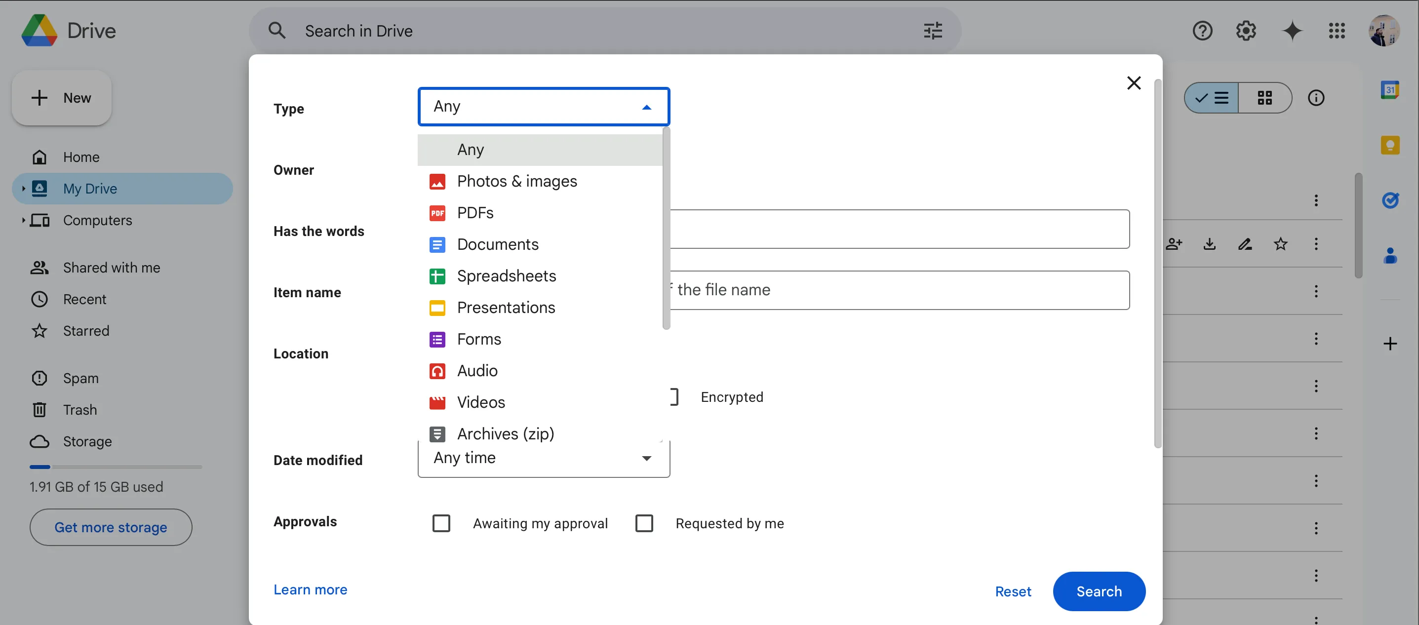 Giao diện bộ lọc ảnh và video trong Google Drive để quản lý và xóa tệp