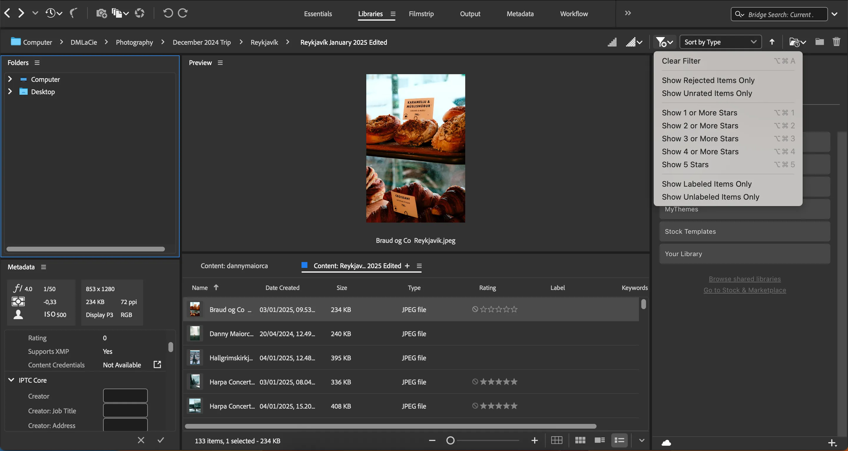 Giao diện bộ lọc mạnh mẽ của Adobe Bridge để sắp xếp ảnh theo nhiều tiêu chí