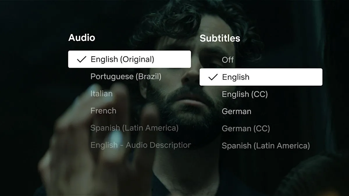 Giao diện cài đặt âm thanh và phụ đề Netflix, hiển thị lựa chọn &quot;Tiếng Anh&quot; (phụ đề chỉ lời thoại) và &quot;Tiếng Anh (CC)&quot; trong danh sách các tùy chọn phụ đề.