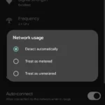 Giao diện cài đặt Android để bật chế độ mạng giới hạn (Metered Connection) nhằm tiết kiệm dữ liệu khi dùng hotspot.