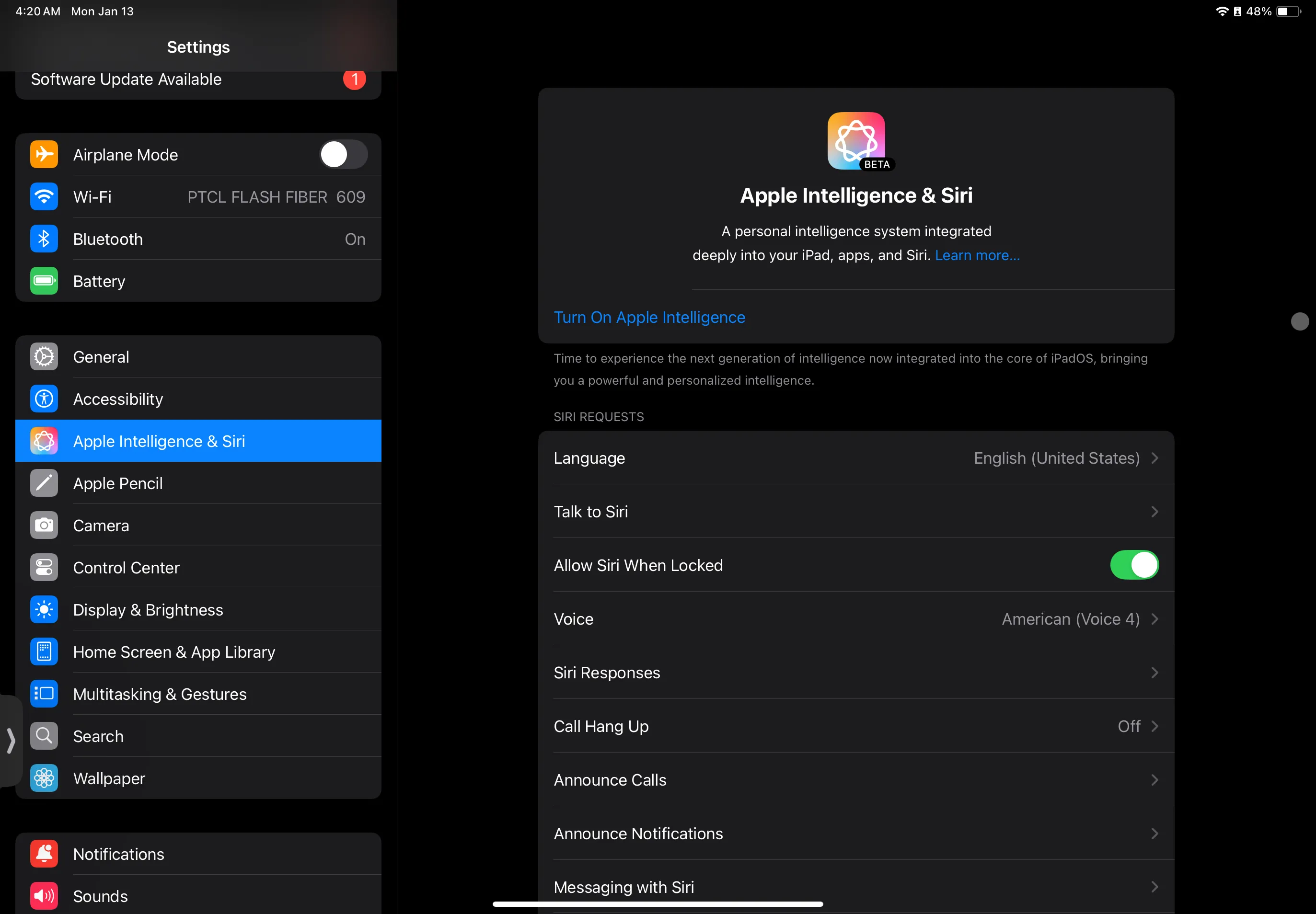 Giao diện cài đặt Apple Intelligence và Siri trên iPad sau khi cập nhật