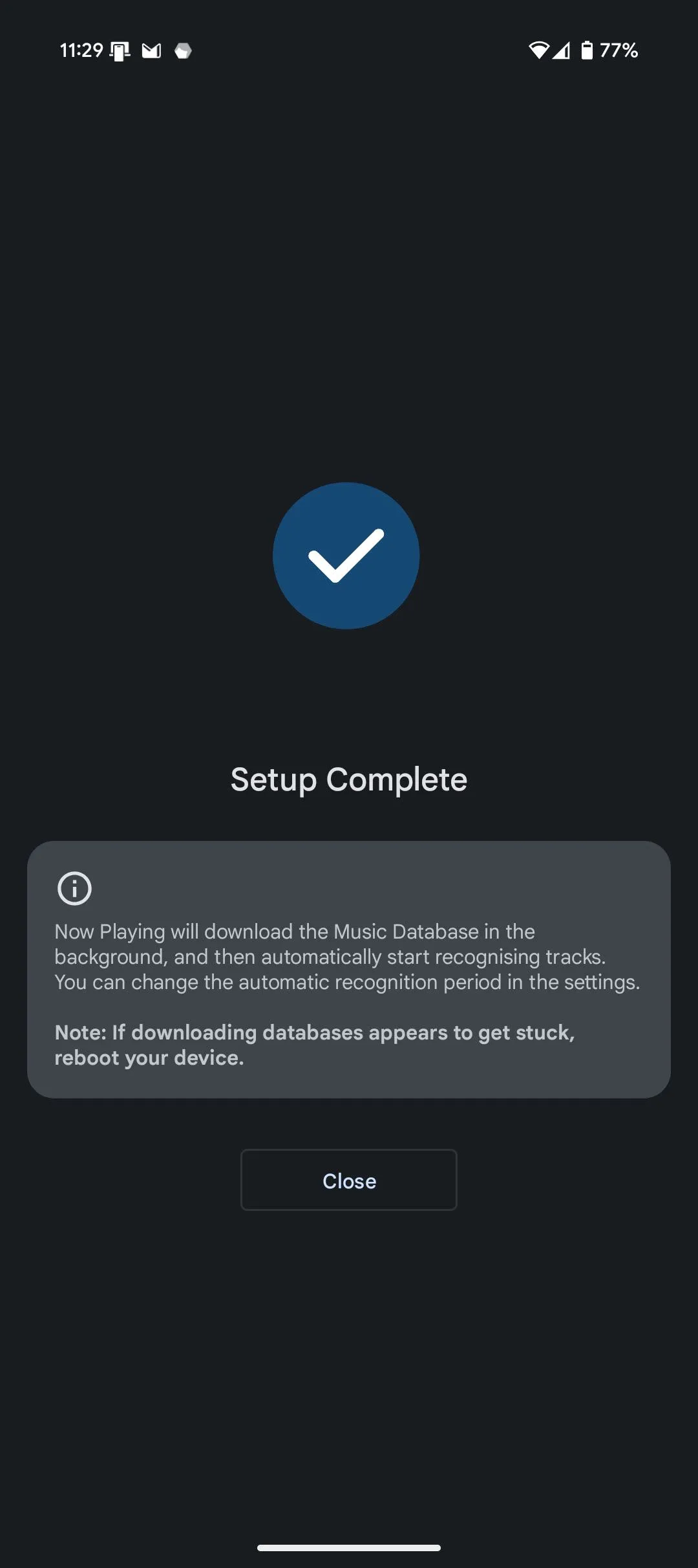 Giao diện cài đặt ban đầu của ứng dụng Ambient Music Mod, hiển thị các bước thiết lập cơ bản để kích hoạt tính năng Now Playing, bao gồm chọn khu vực và cho phép tải dữ liệu.