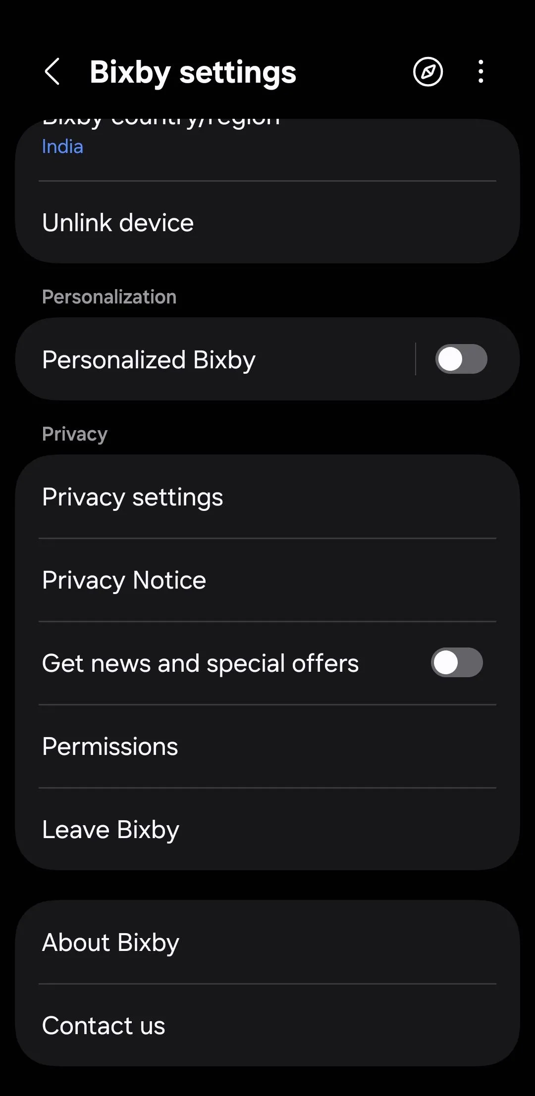 Giao diện cài đặt Bixby trên điện thoại Samsung Galaxy