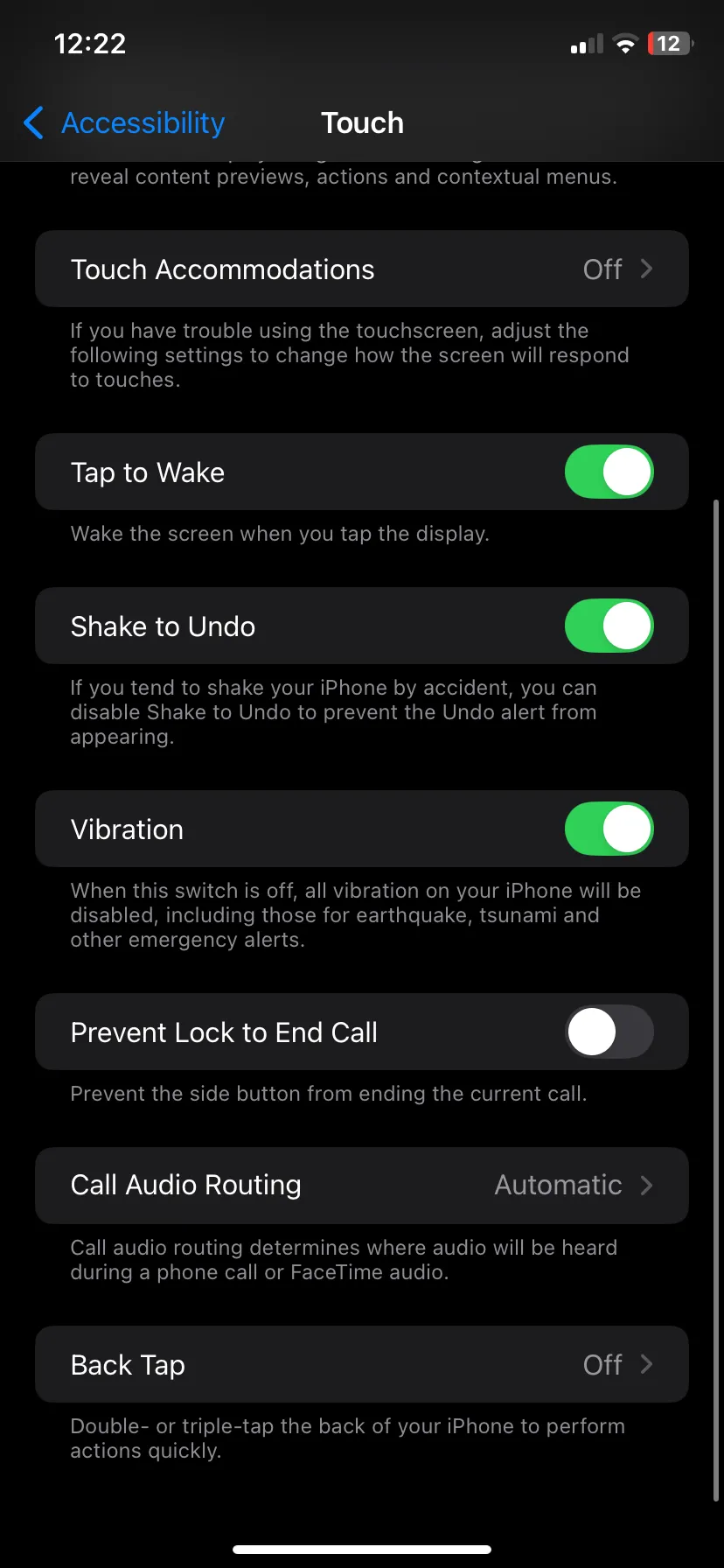 Giao diện cài đặt Cảm ứng (Touch) trong mục Trợ năng (Accessibility) của iPhone