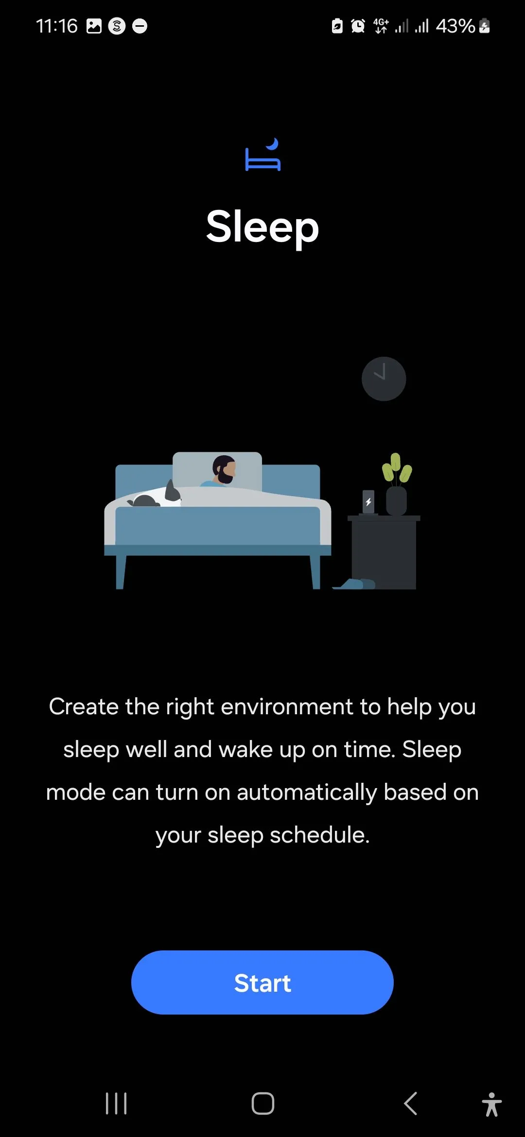Giao diện cài đặt Chế độ Ngủ (Sleep Mode) trong ứng dụng Samsung Modes and Routines, hiển thị các tùy chọn cấu hình thời gian và hoạt động.