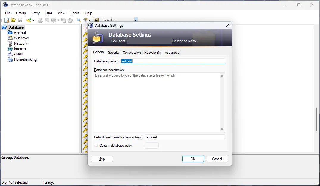 Giao diện cài đặt cơ sở dữ liệu KeePass, hiển thị tùy chọn vị trí lưu trữ và mã hóa.