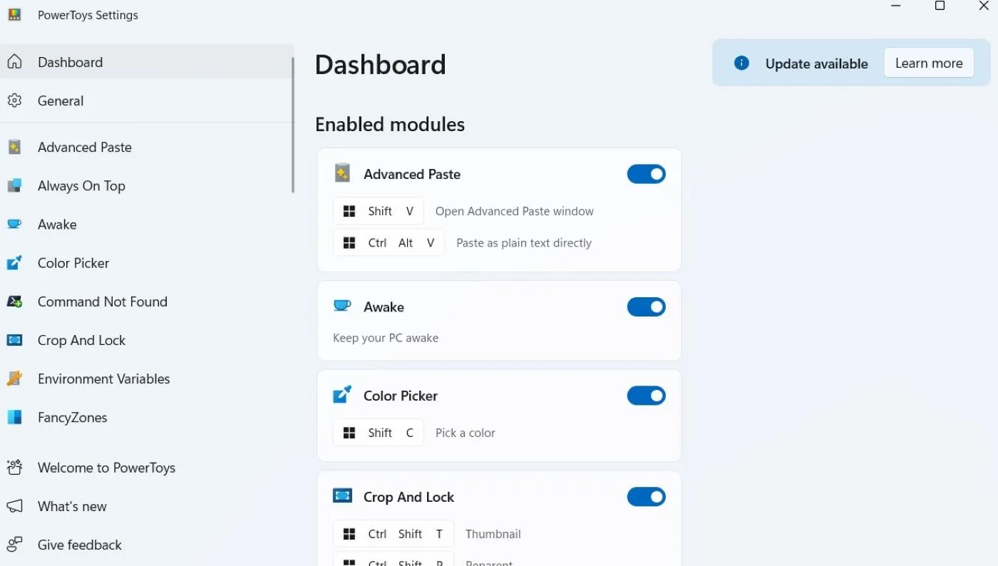 Giao diện cài đặt của PowerToys trên Windows 11, hiển thị các tiện ích năng suất như FancyZones và Awake