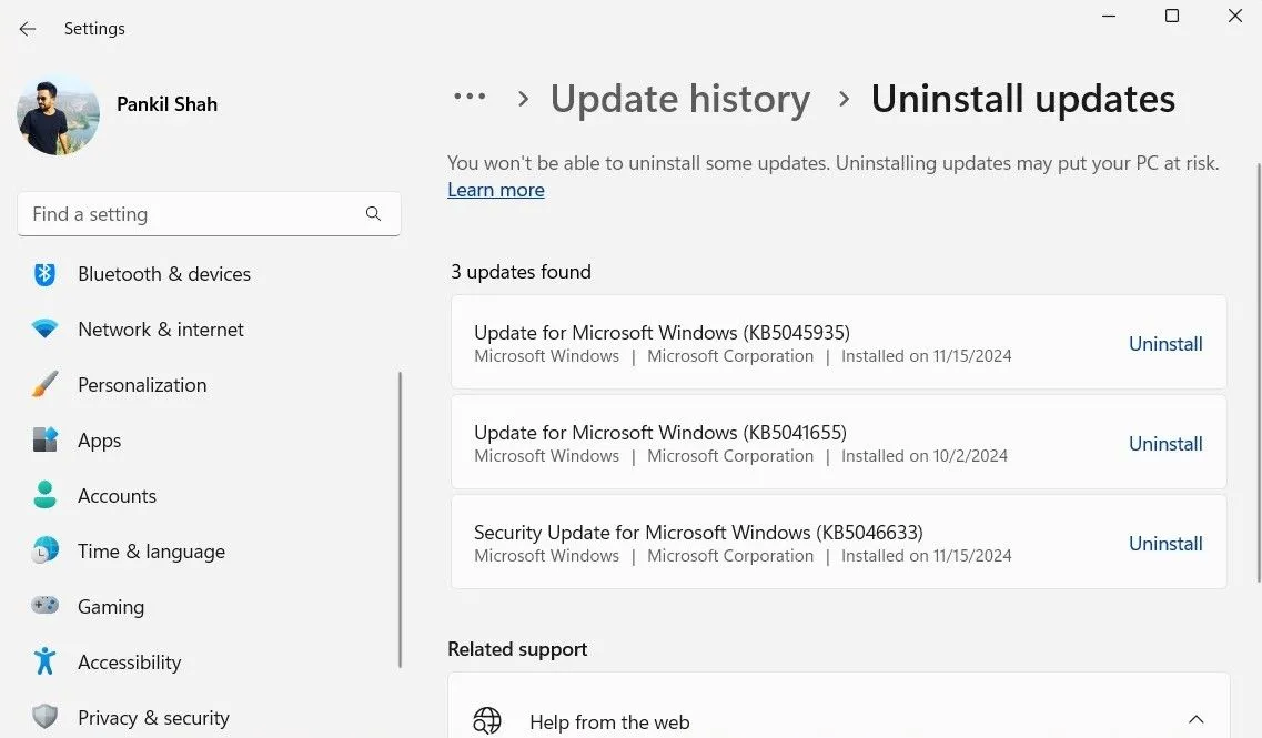 Giao diện Cài đặt của Windows 11 với tùy chọn &quot;Uninstall updates&quot; (Gỡ cài đặt cập nhật) giúp khắc phục lỗi KB5051987