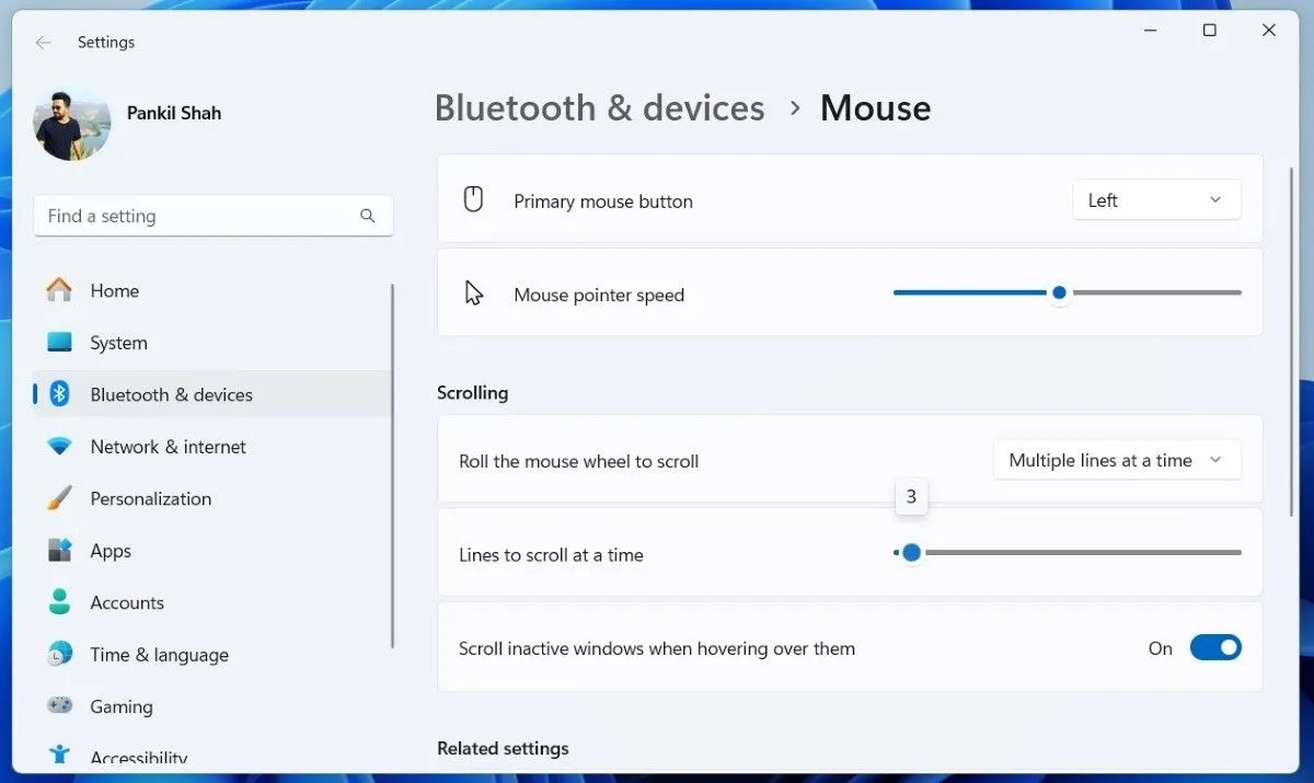 Giao diện cài đặt cuộn chuột trong Windows 11, hiển thị tùy chọn điều chỉnh số dòng cuộn mỗi lần.