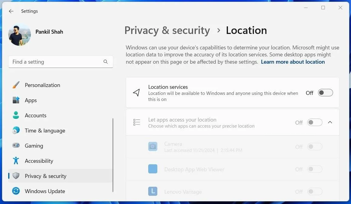 Giao diện cài đặt Dịch vụ Định vị (Location Services) trong Windows 11