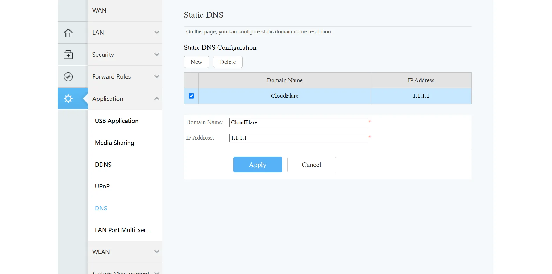 Giao diện cài đặt DNS trên router, hiển thị cách nhập địa chỉ Cloudflare DNS 1.1.1.1 để tối ưu tốc độ mạng và giảm thiểu tình trạng giật lag khi xem phim.