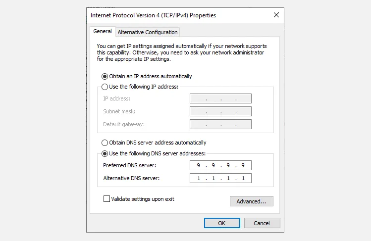 Giao diện cài đặt DNS tùy chỉnh trong Windows 10, hiển thị các trường để nhập địa chỉ máy chủ DNS ưu tiên và thay thế.