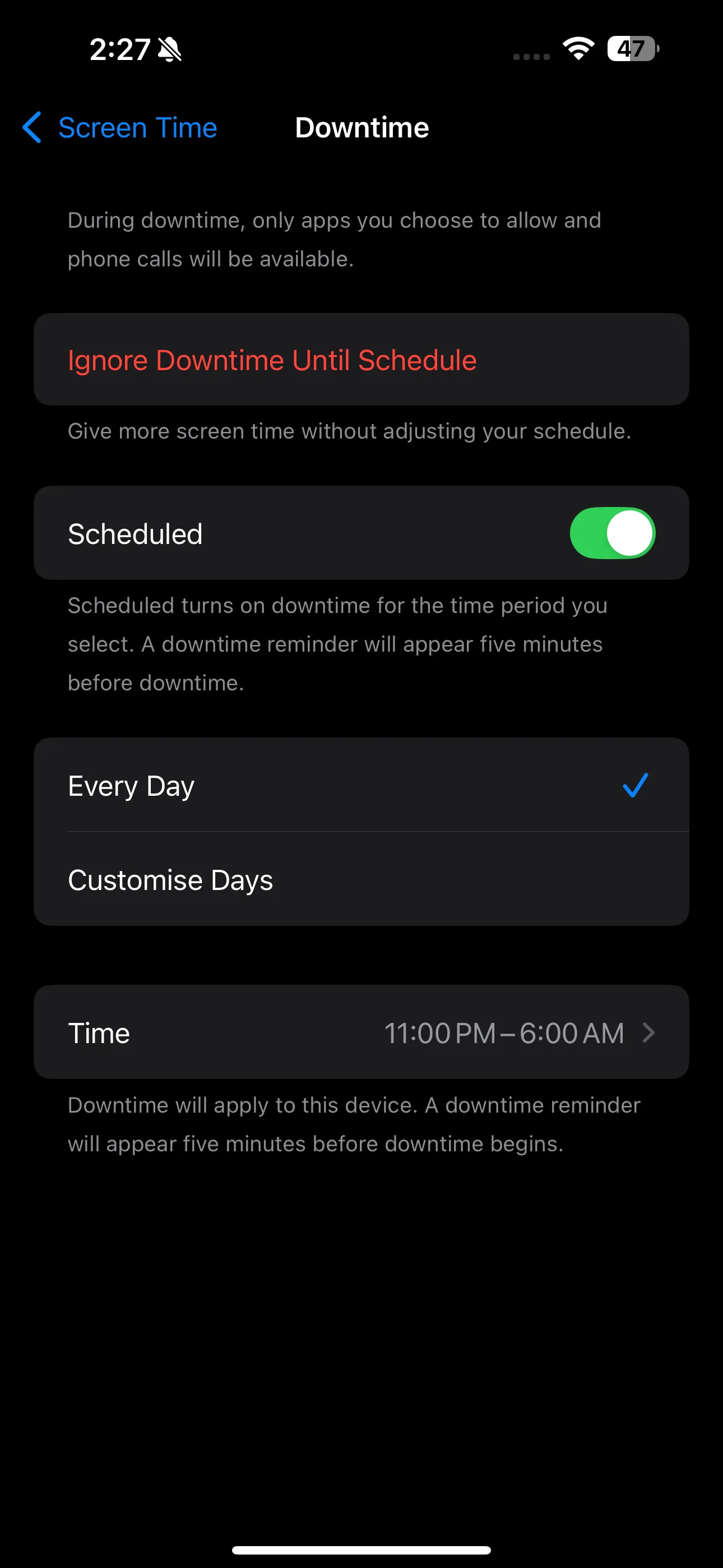 Giao diện cài đặt Downtime (Thời gian nghỉ) trên iPhone để lên lịch hạn chế sử dụng.