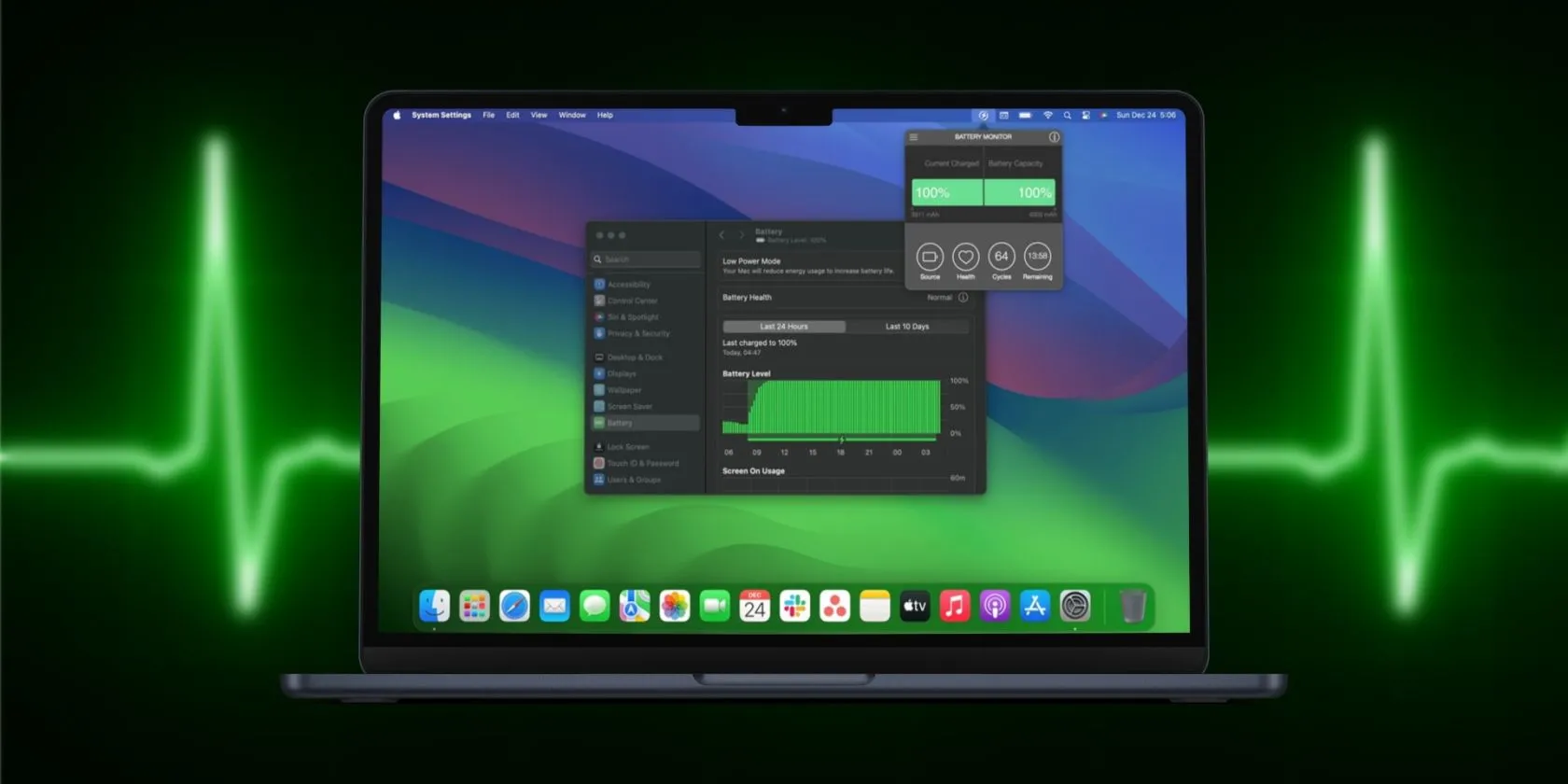 Giao diện cài đặt hệ thống trên MacBook hiển thị trạng thái pin, minh họa hiệu quả năng lượng vượt trội của dòng máy tính này.