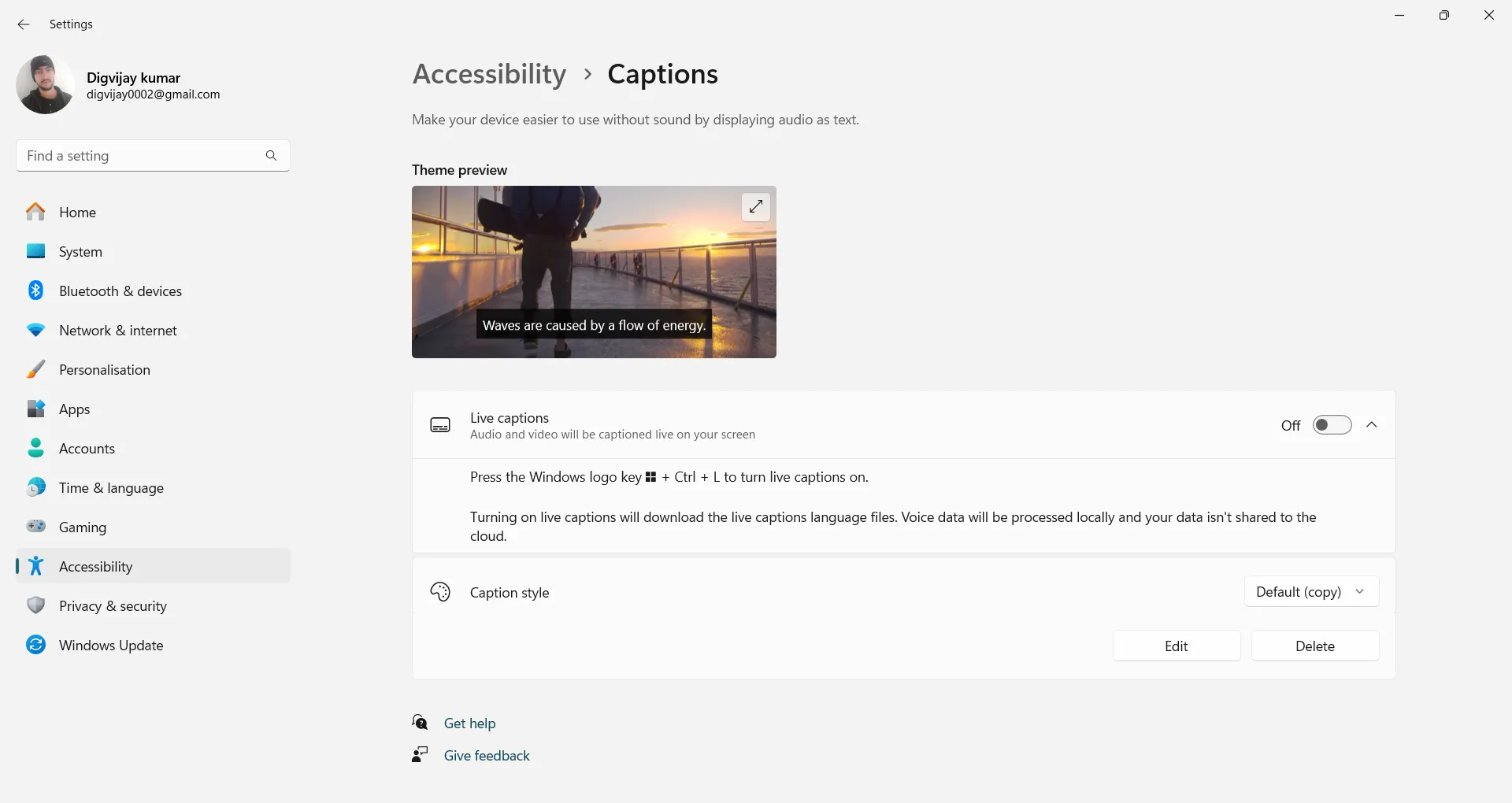 Giao diện cài đặt Phụ đề trực tiếp (Live Captions) trong phần Trợ năng của Windows.
