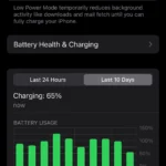 Giao diện cài đặt Pin trên iPhone hiển thị tùy chọn Chế độ Nguồn điện Thấp đang bật