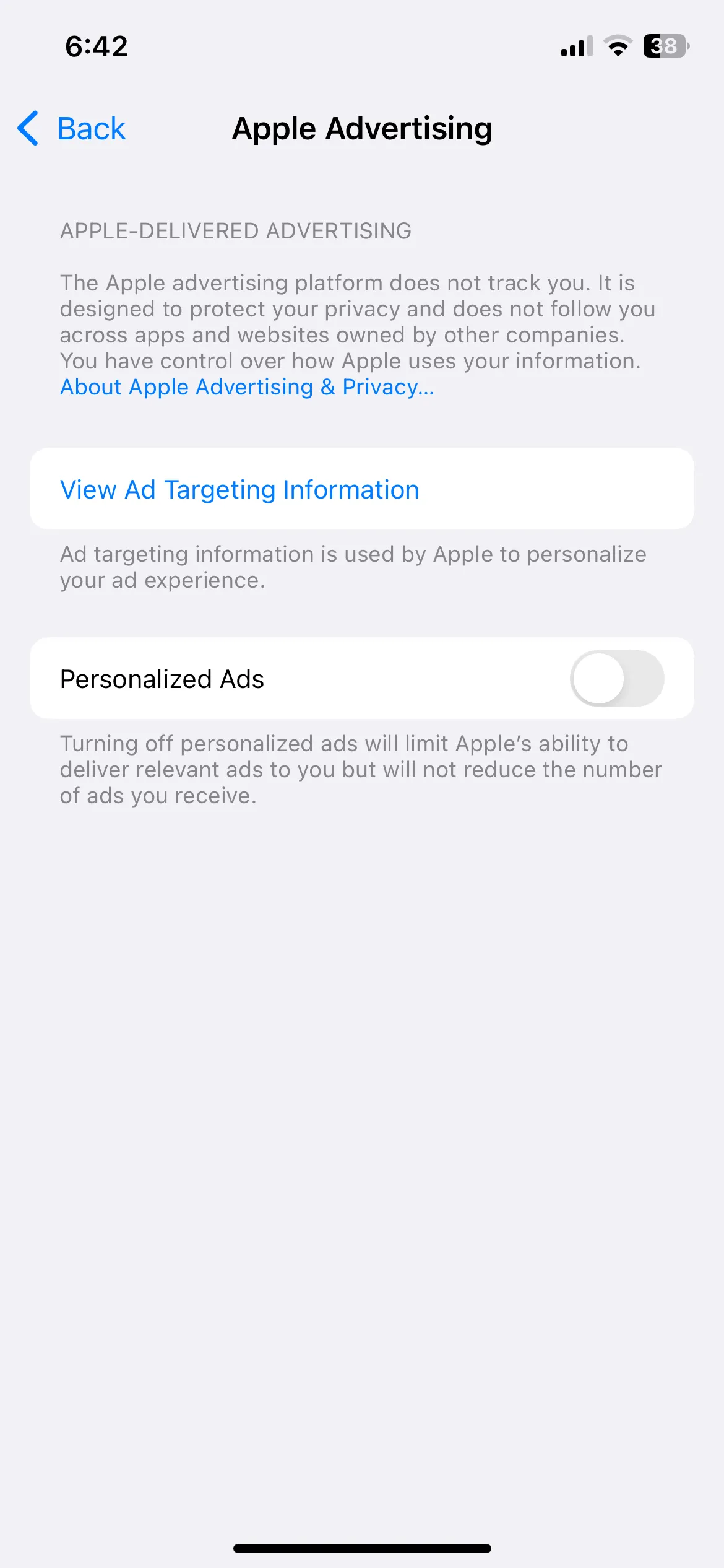Giao diện cài đặt quảng cáo cá nhân hóa của Apple trên iPhone