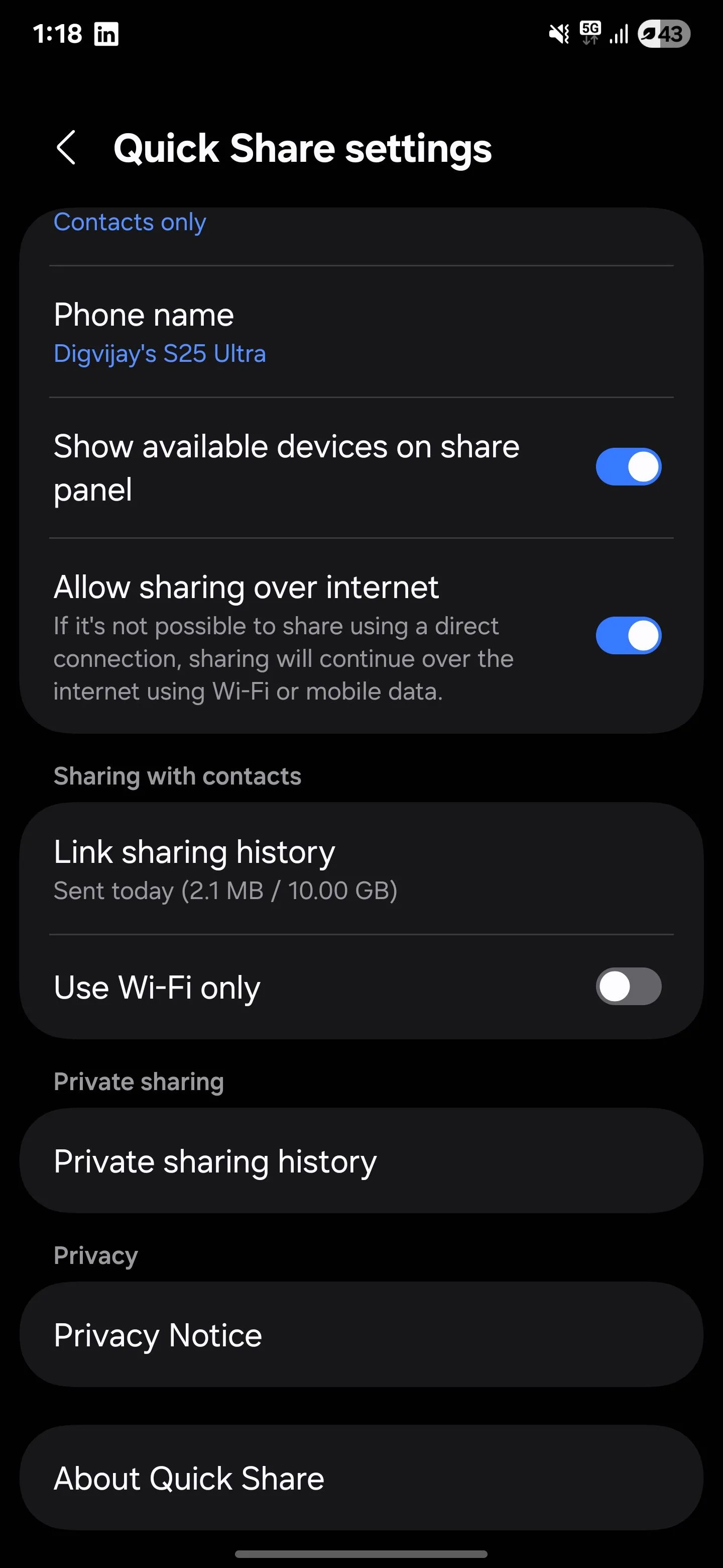 Giao diện cài đặt Quick Share trên điện thoại Samsung Galaxy, hiển thị tùy chọn "Chia sẻ riêng tư" (Private Sharing).