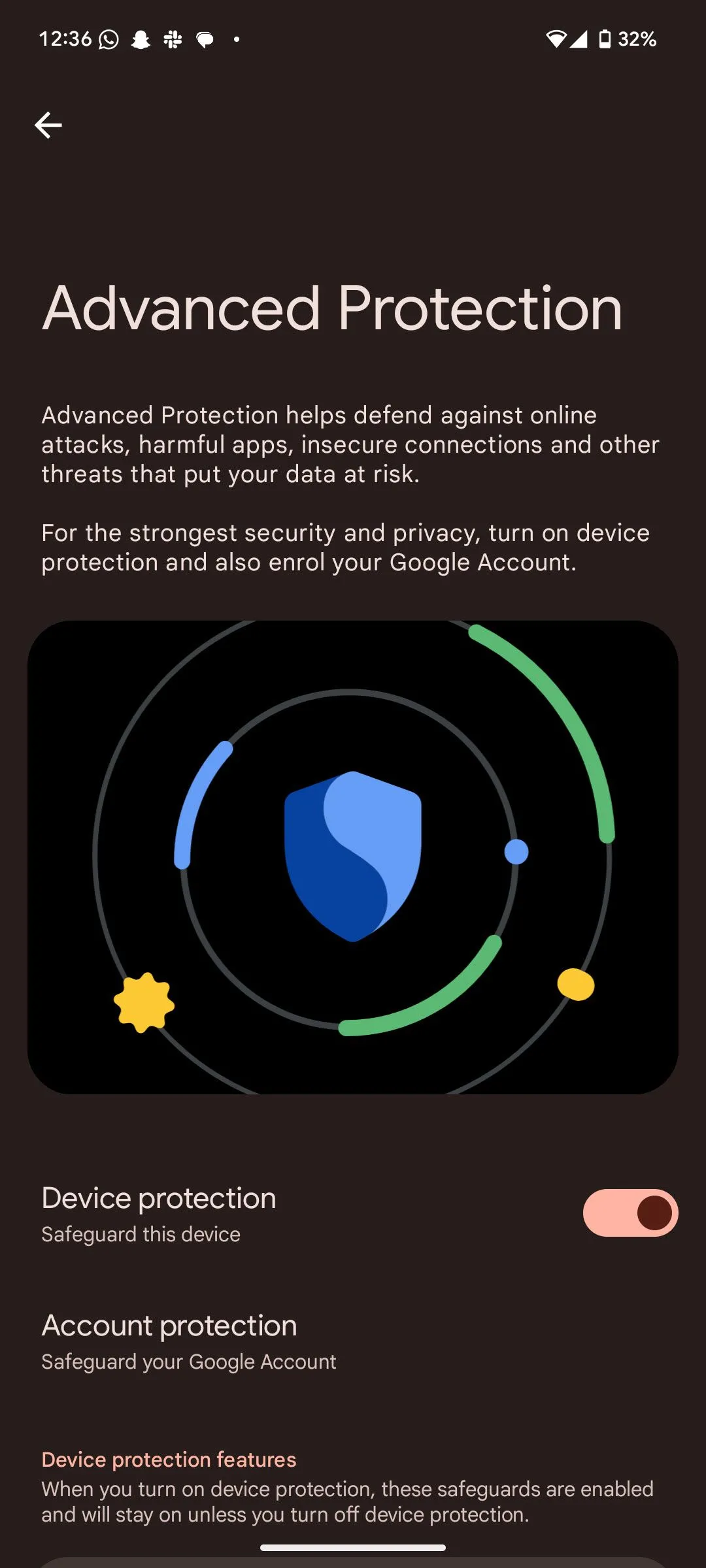 Giao diện cài đặt tính năng Advanced Protection trên Android 16 giúp tăng cường bảo mật thiết bị