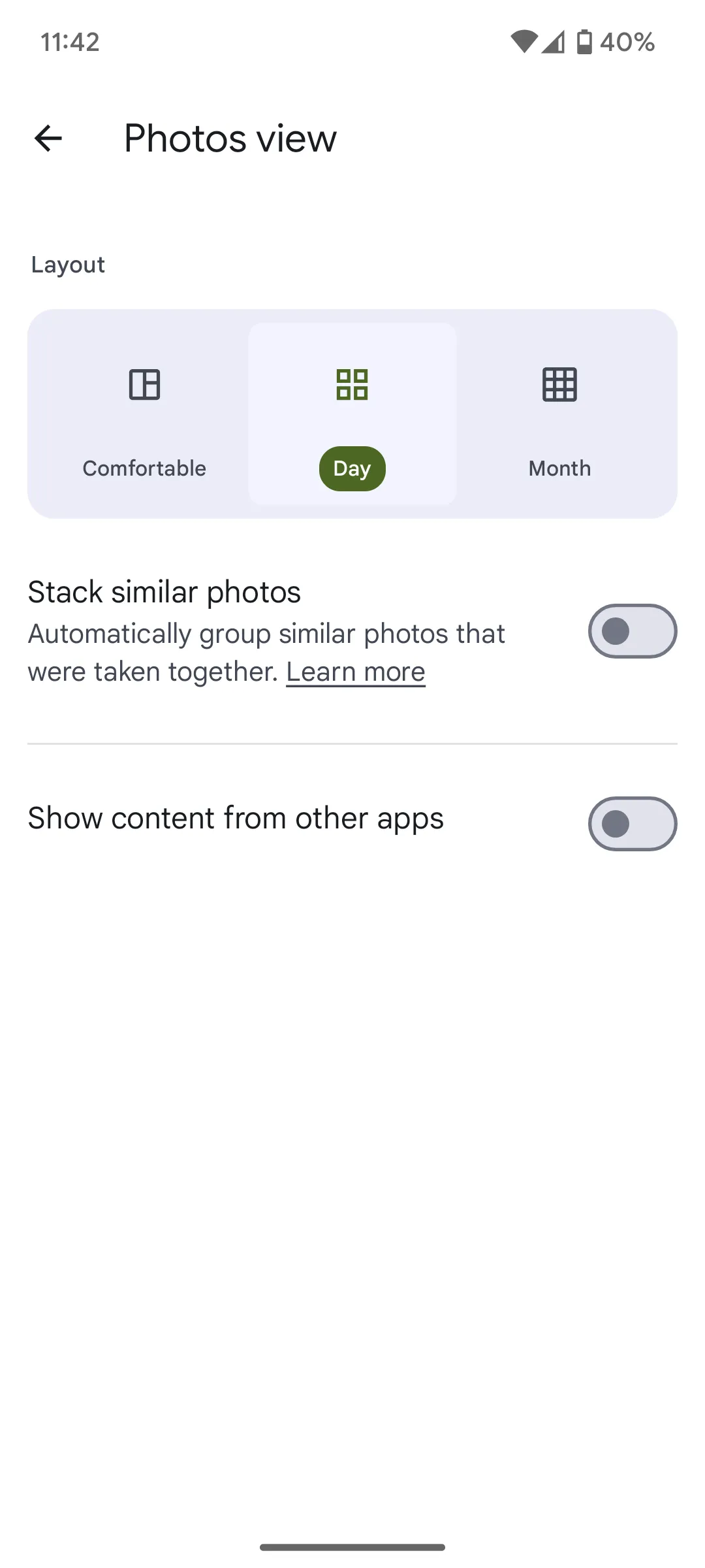 Giao diện cài đặt tính năng ẩn nội dung từ ứng dụng khác trong Google Photos