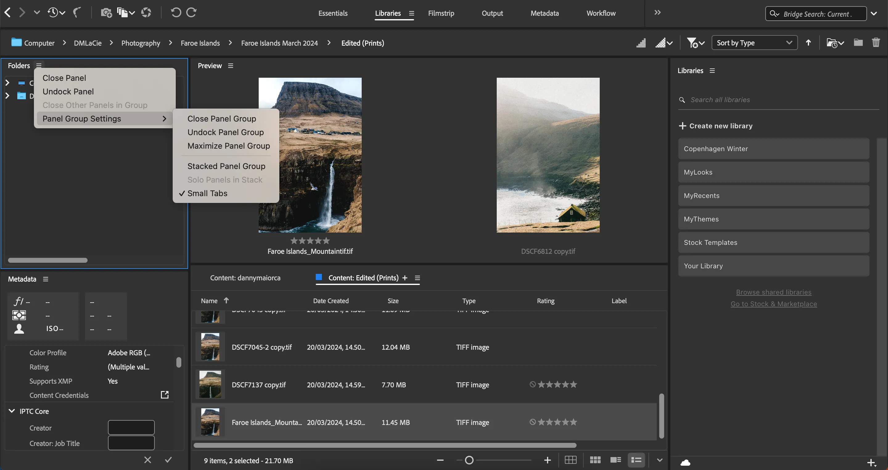 Giao diện cài đặt và tùy chỉnh bảng điều khiển trong Adobe Bridge để tối ưu quản lý ảnh