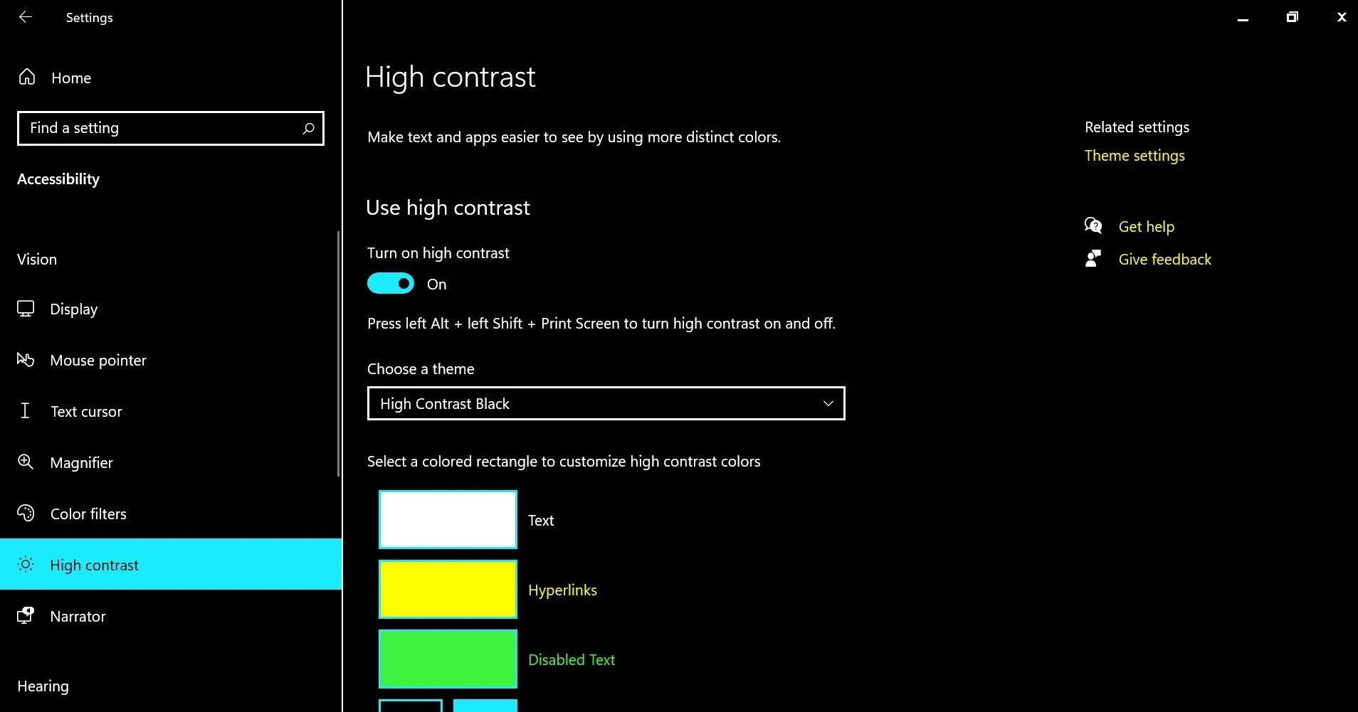 Giao diện cài đặt Windows hiển thị tùy chọn Chế độ Tương phản cao (High Contrast)