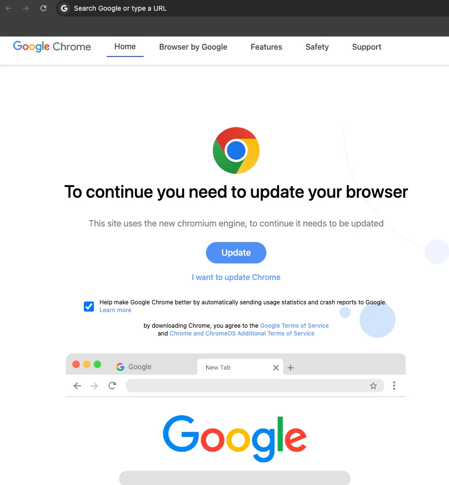 Giao diện cảnh báo cập nhật Google Chrome giả mạo, dẫn dụ tải xuống malware từ website WordPress bị xâm nhập.
