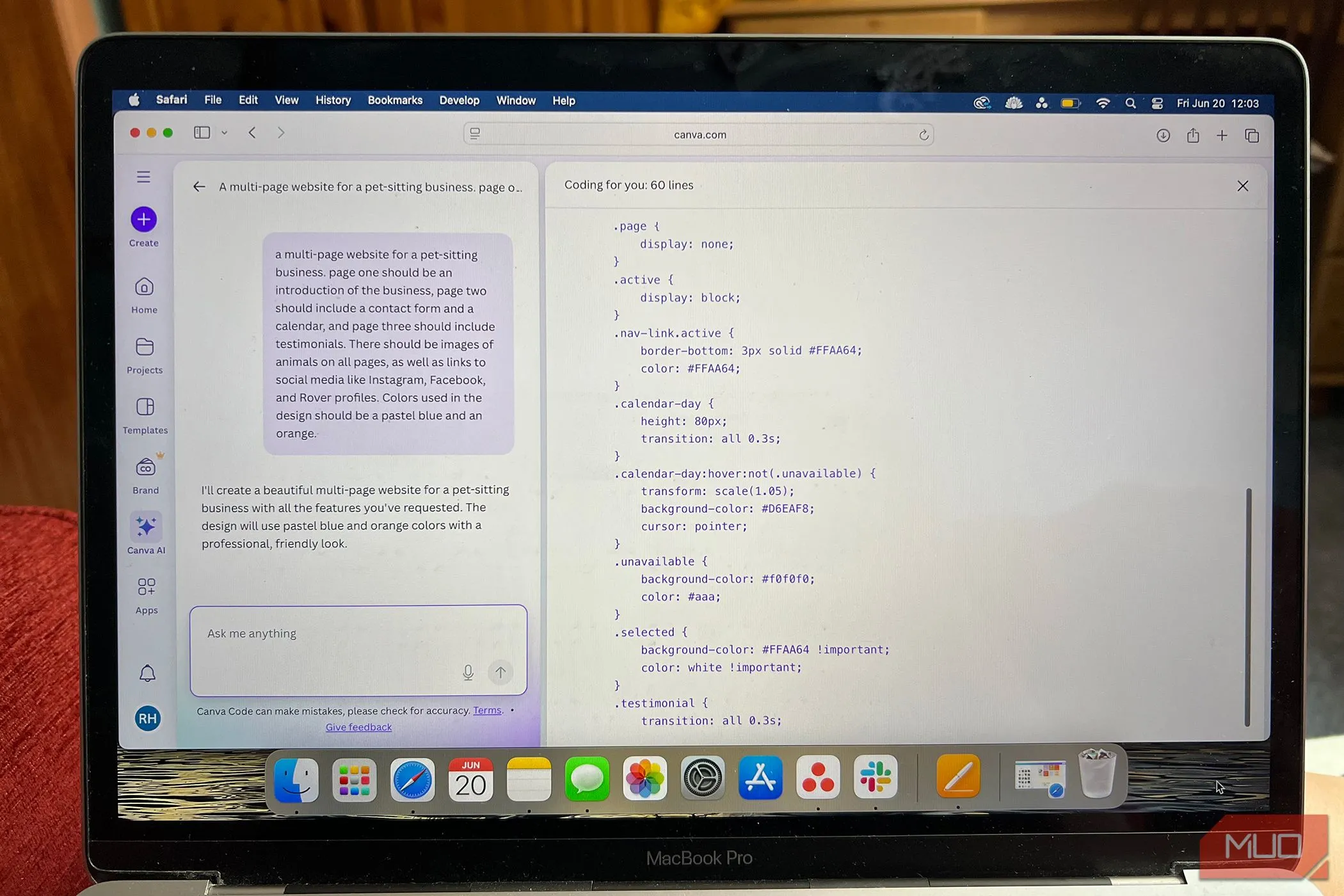 Giao diện Canva Codes hiển thị quá trình tạo mã nguồn website bằng AI và bản xem trước trực quan.