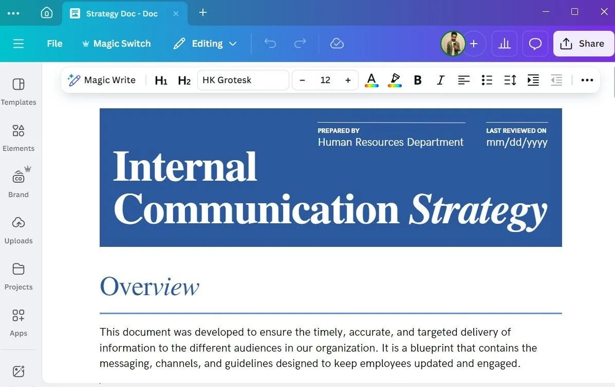 Giao diện Canva Docs trên máy tính hiển thị một tài liệu đang được soạn thảo, minh họa tính năng tạo tài liệu chuyên nghiệp.